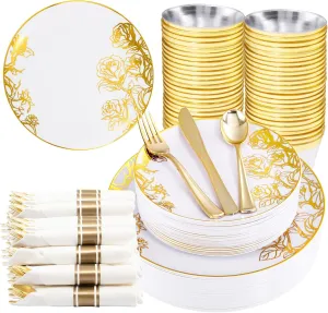 DaYammi 210Pcs White Gold Plastic Plates,Gold Disposable Dinnerware Set Includes 60 gold floral plates,30 plastic Silverware,30 Per Rolled Napkins,30 Plastic Cups for Party Wedding Birthday