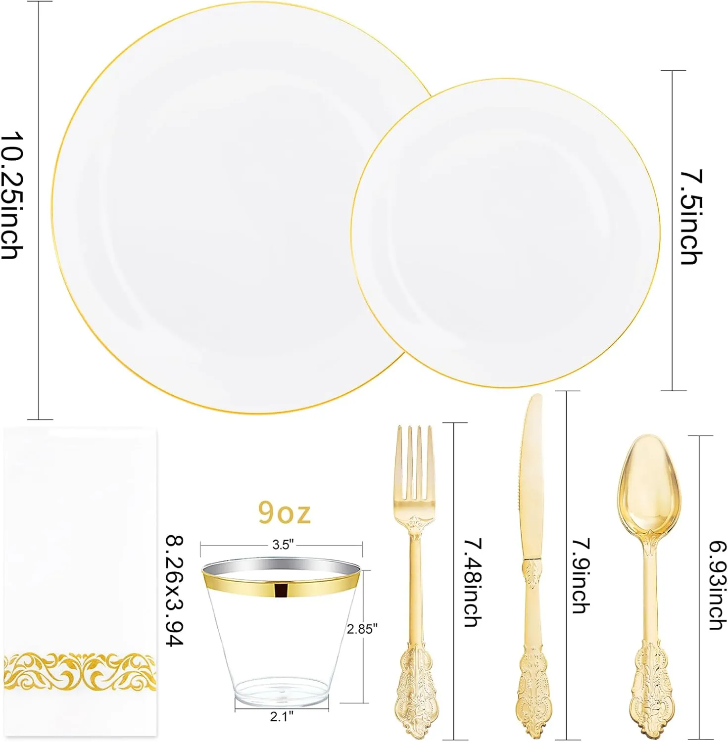 DaYammi 700 PCS Gold Plastic Dinnerware Sets, Includes: 100 Gold Rim Dinner Plates, 100 Salad Plates, 100 Paper Napkins,100 Cups 9 OZ, 100 Plastic Silverware Set, Perfect for Party