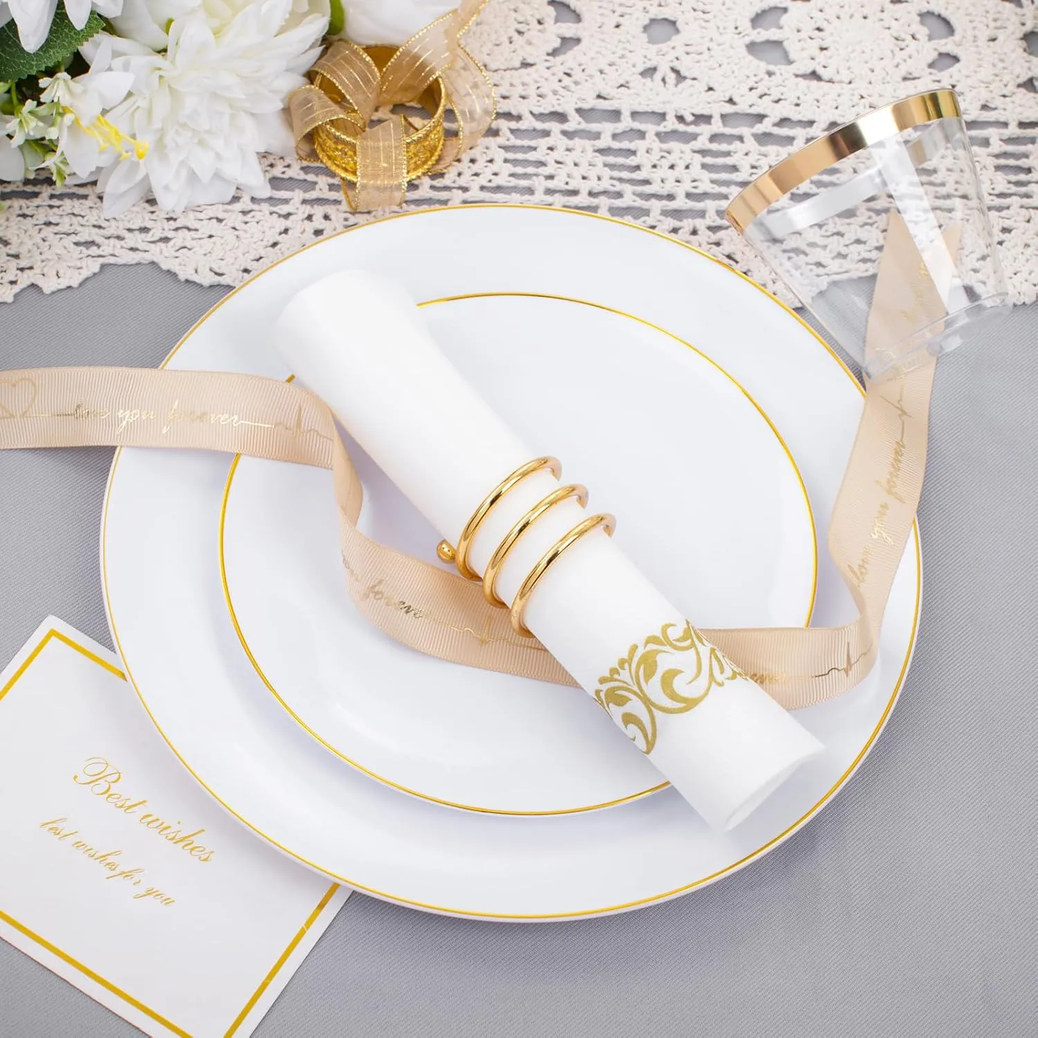 DaYammi 700 PCS Gold Plastic Dinnerware Sets, Includes: 100 Gold Rim Dinner Plates, 100 Salad Plates, 100 Paper Napkins,100 Cups 9 OZ, 100 Plastic Silverware Set, Perfect for Party