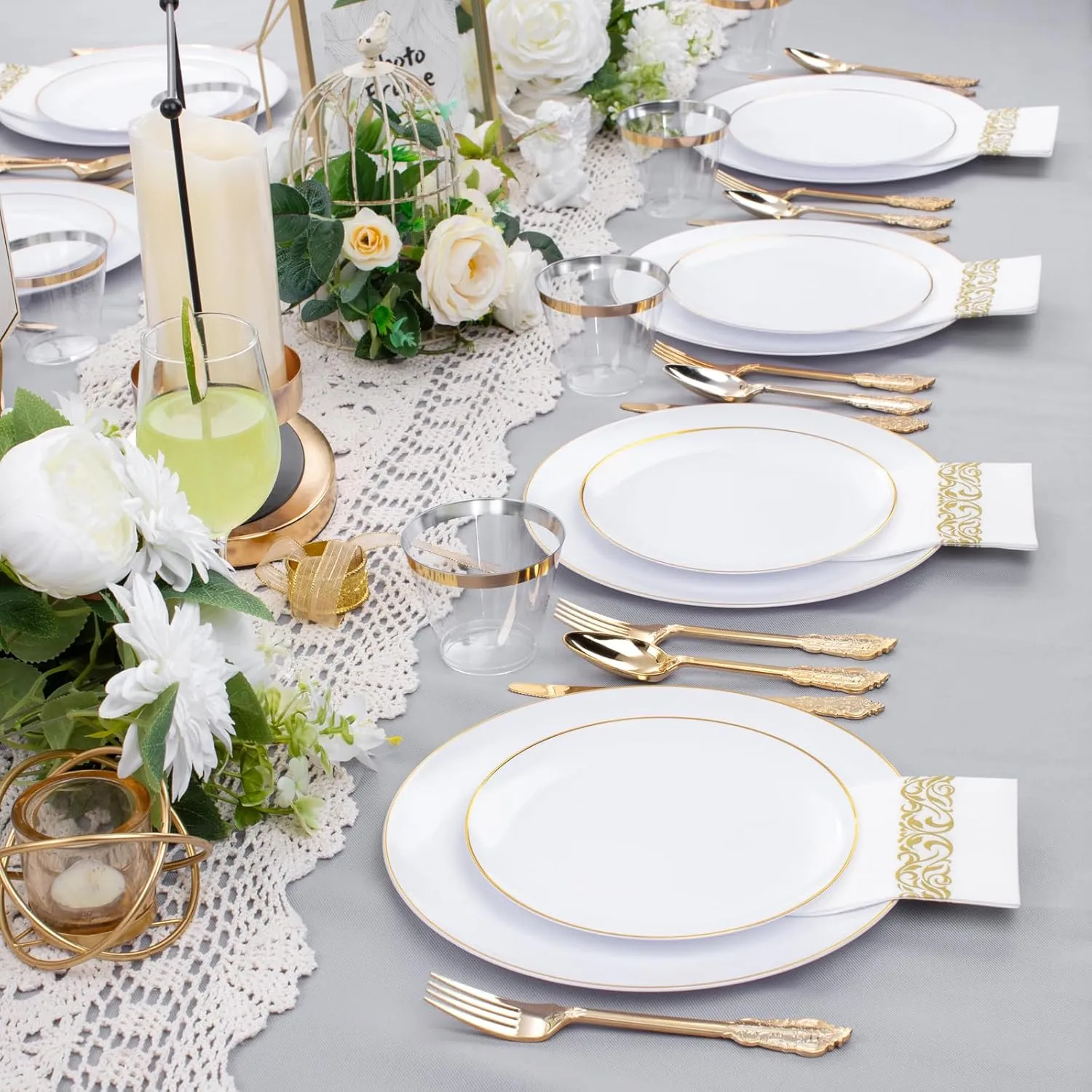 DaYammi 700 PCS Gold Plastic Dinnerware Sets, Includes: 100 Gold Rim Dinner Plates, 100 Salad Plates, 100 Paper Napkins,100 Cups 9 OZ, 100 Plastic Silverware Set, Perfect for Party