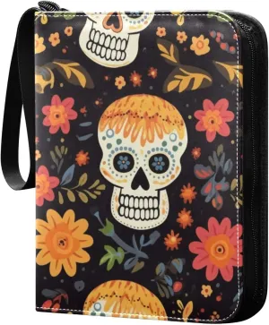 Dead Of Death Skull with Colorful Flowers Card Binder 4 Pocket Trading Card Binder Portable Cards Collection Book with Zipper