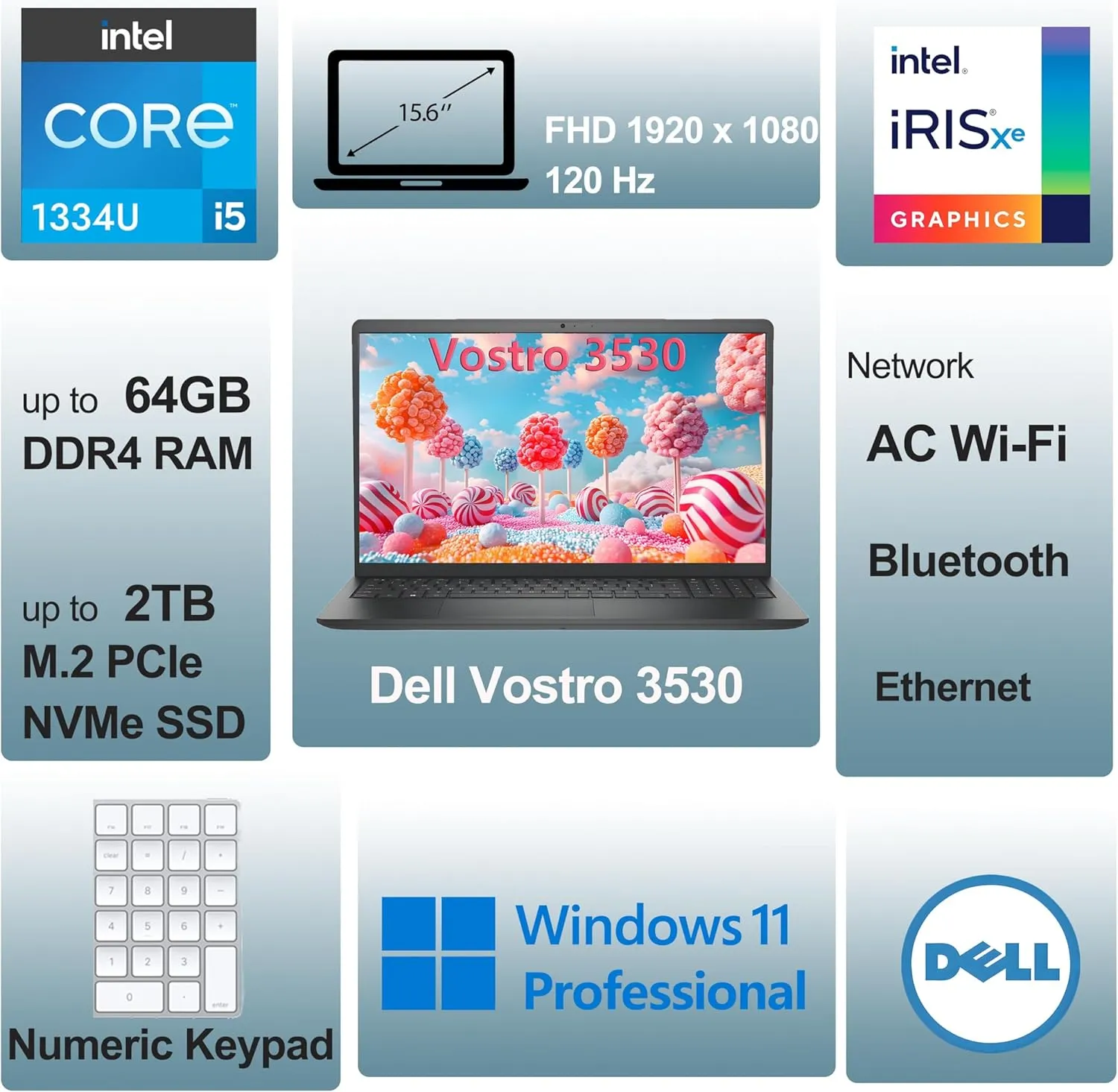 Dell 15.6" 3530 Laptop Computer for Home & Business Student, Intel 10-Core i5-1334U (Beat i7-1250U), 32GB DDR4 RAM, 1TB PCIe SSD, 120Hz FHD, WiFi, Bluetooth, RJ45, Carbon Black, Windows 11 Pro