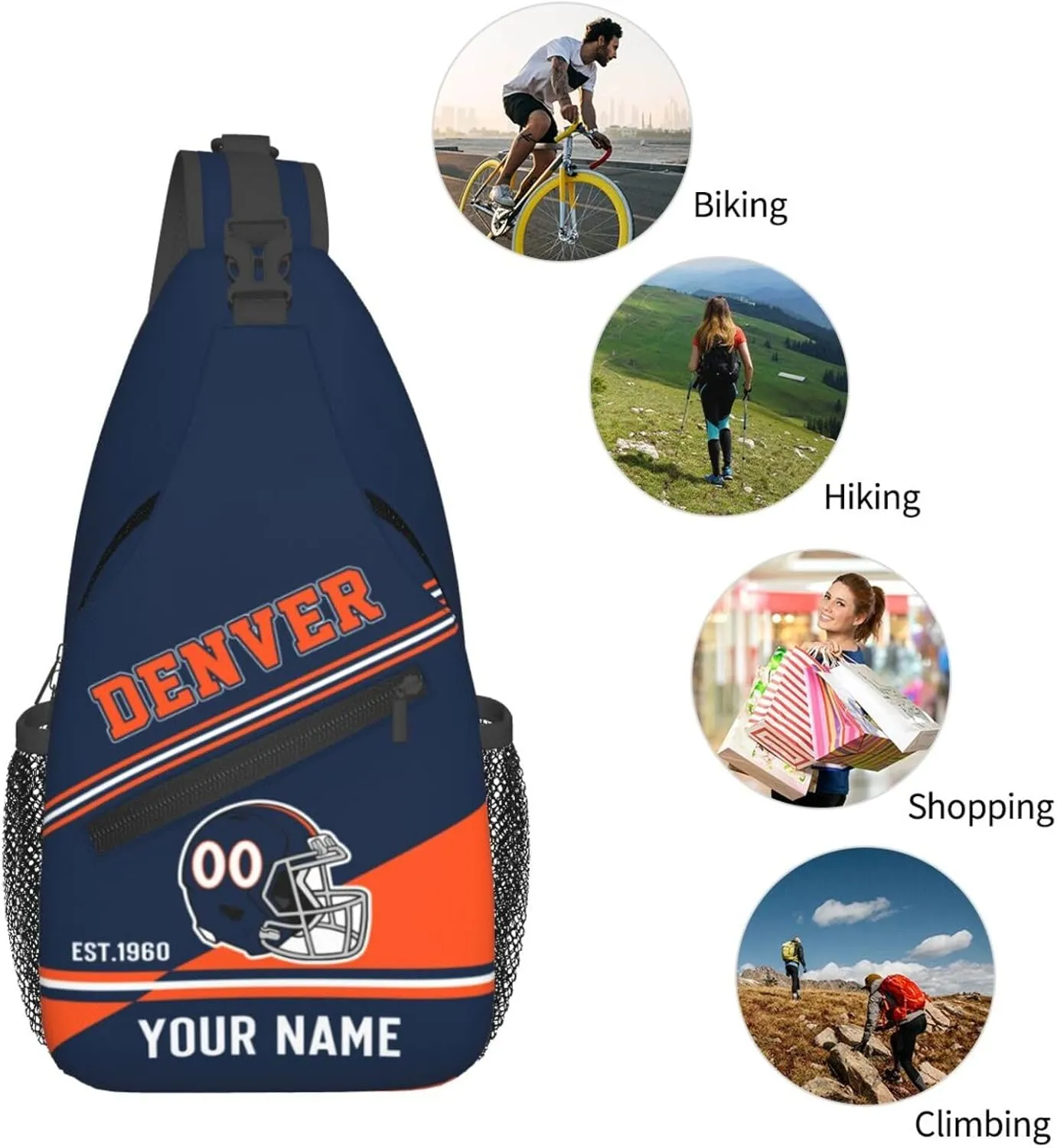 Denver Sling Bag,Personalized Football Crossbody Bags,Custom Cross Chest Bag,Sling Shoulder Backpack,Chest Bag Travel Daypack for Men Women Football Fans
