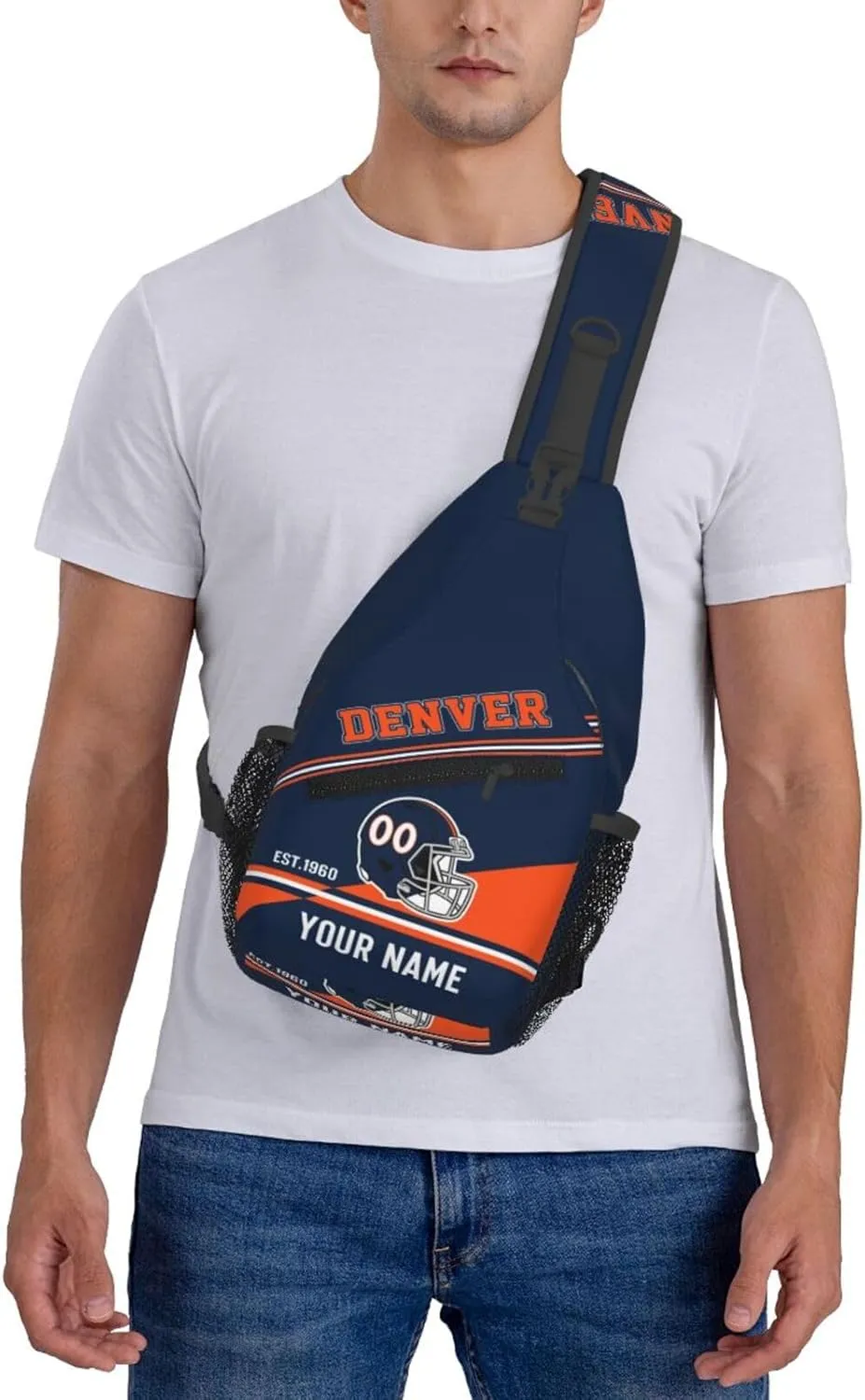 Denver Sling Bag,Personalized Football Crossbody Bags,Custom Cross Chest Bag,Sling Shoulder Backpack,Chest Bag Travel Daypack for Men Women Football Fans
