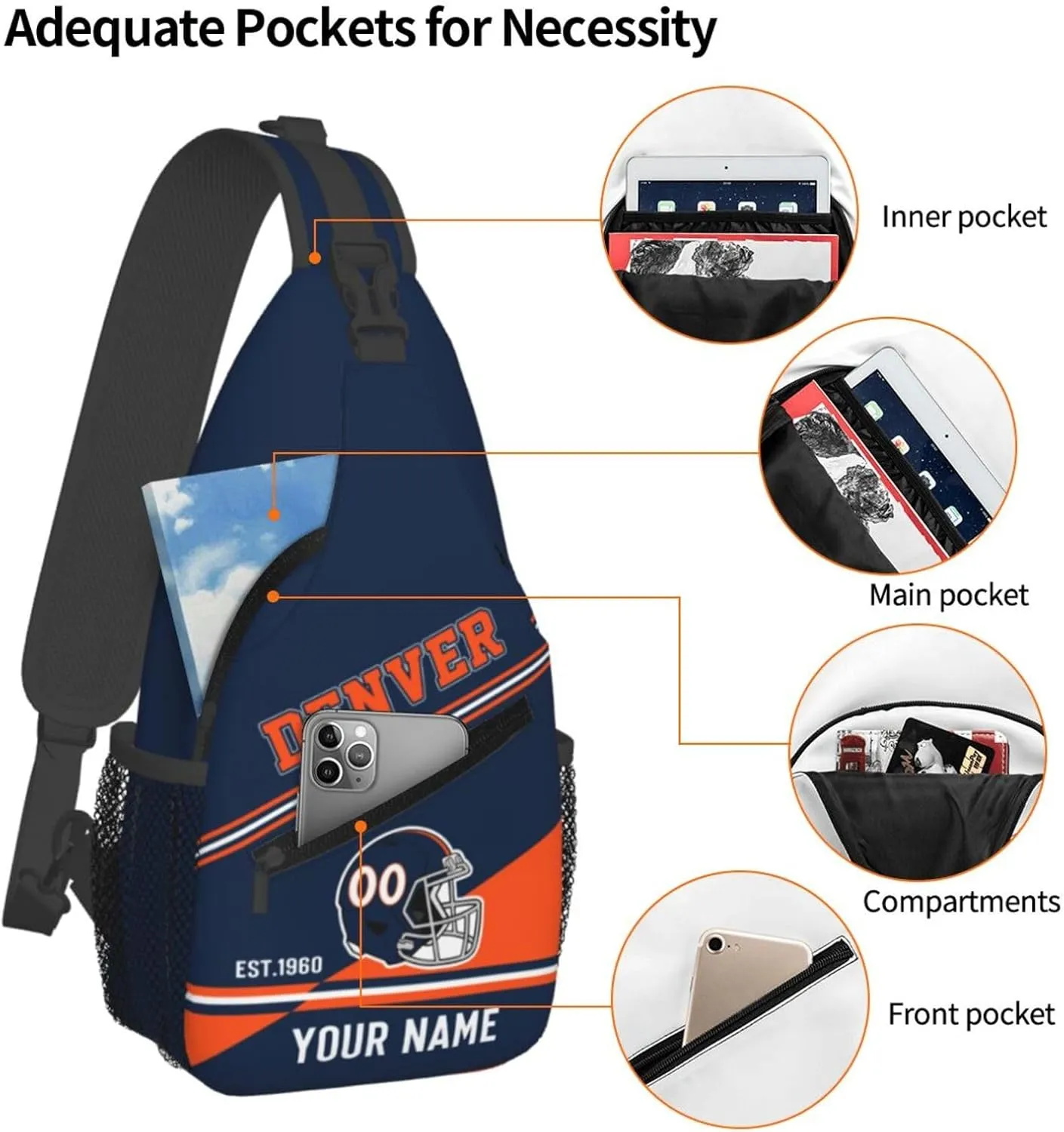 Denver Sling Bag,Personalized Football Crossbody Bags,Custom Cross Chest Bag,Sling Shoulder Backpack,Chest Bag Travel Daypack for Men Women Football Fans