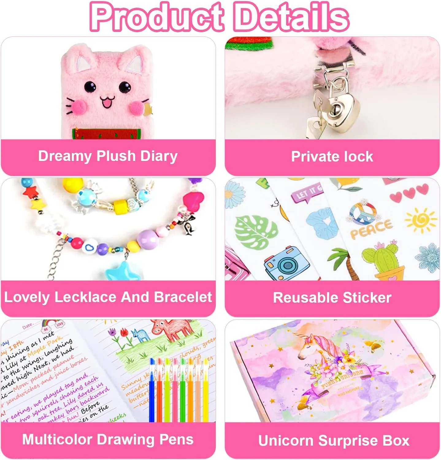 Diary for Girls with Lock and Keys, Kids Journal School Travel Notebook Gift Set for Writing and Drawing,Multicolored Pen, Stickers, Birthday Gift for Girls Ages 6-8 (Pink-cat)