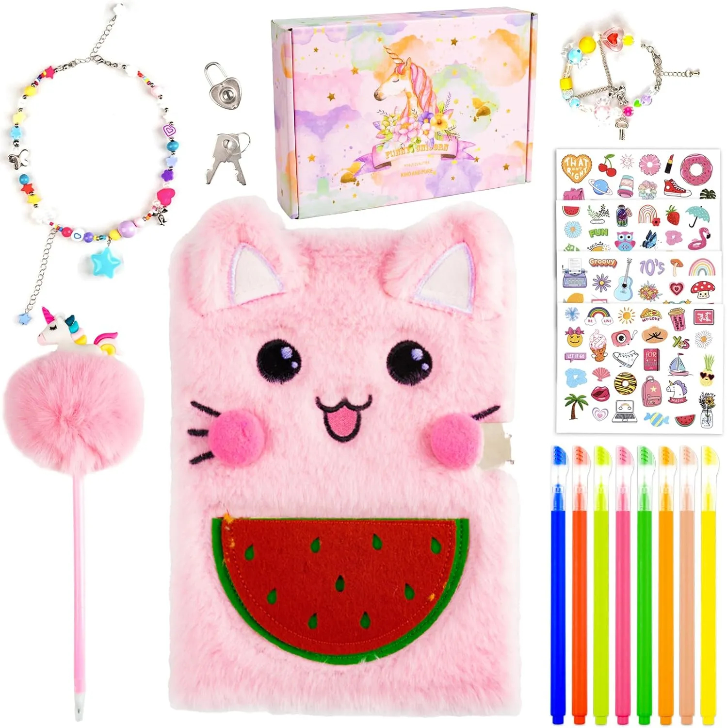 Diary for Girls with Lock and Keys, Kids Journal School Travel Notebook Gift Set for Writing and Drawing,Multicolored Pen, Stickers, Birthday Gift for Girls Ages 6-8 (Pink-cat)
