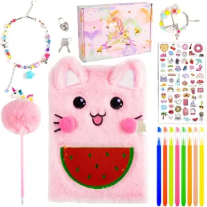 Diary for Girls with Lock and Keys, Kids Journal School Travel Notebook Gift Set for Writing and Drawing,Multicolored Pen, Stickers, Birthday Gift for Girls Ages 6-8 (Pink-cat)