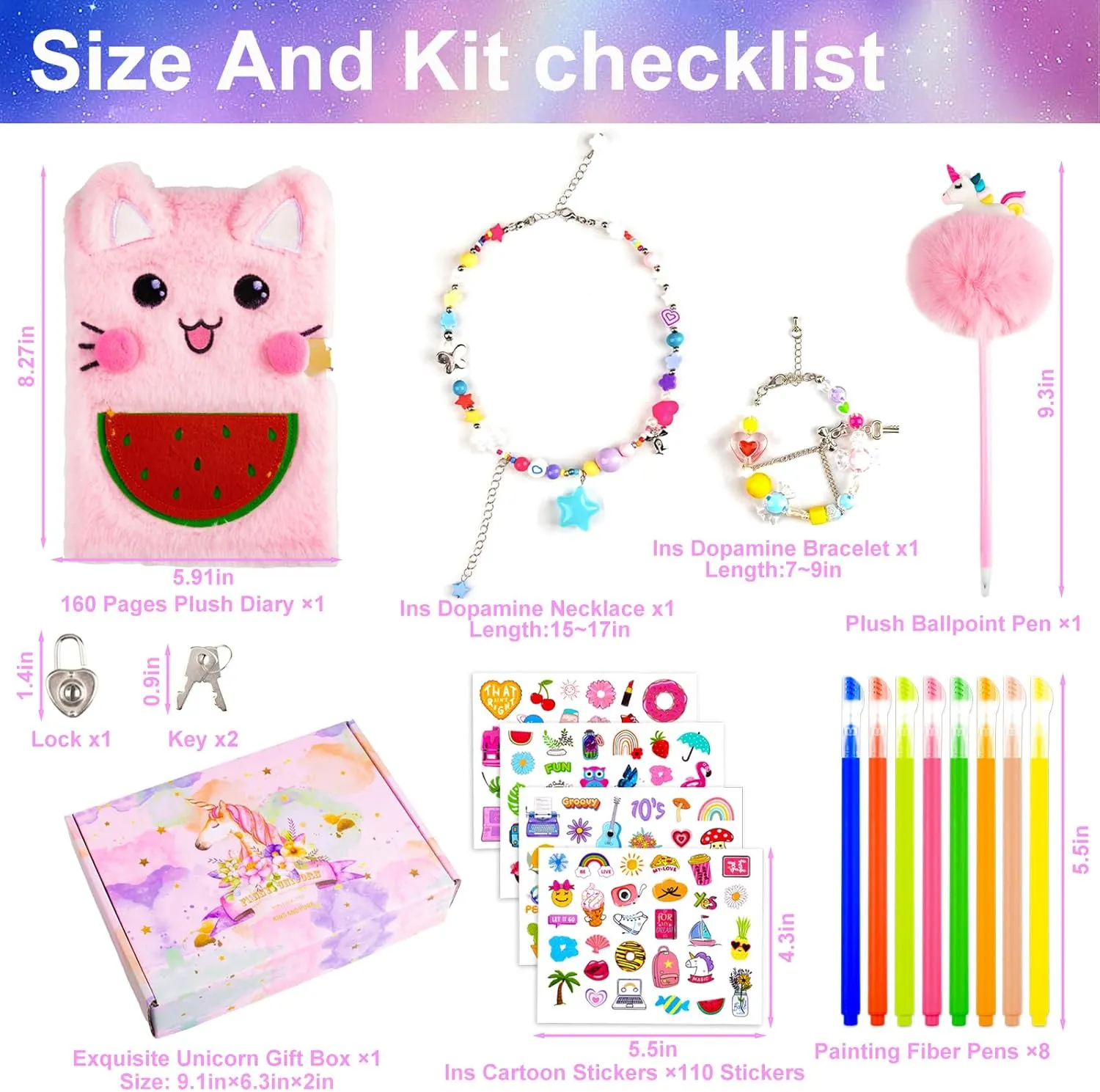 Diary for Girls with Lock and Keys, Kids Journal School Travel Notebook Gift Set for Writing and Drawing,Multicolored Pen, Stickers, Birthday Gift for Girls Ages 6-8 (Pink-cat)
