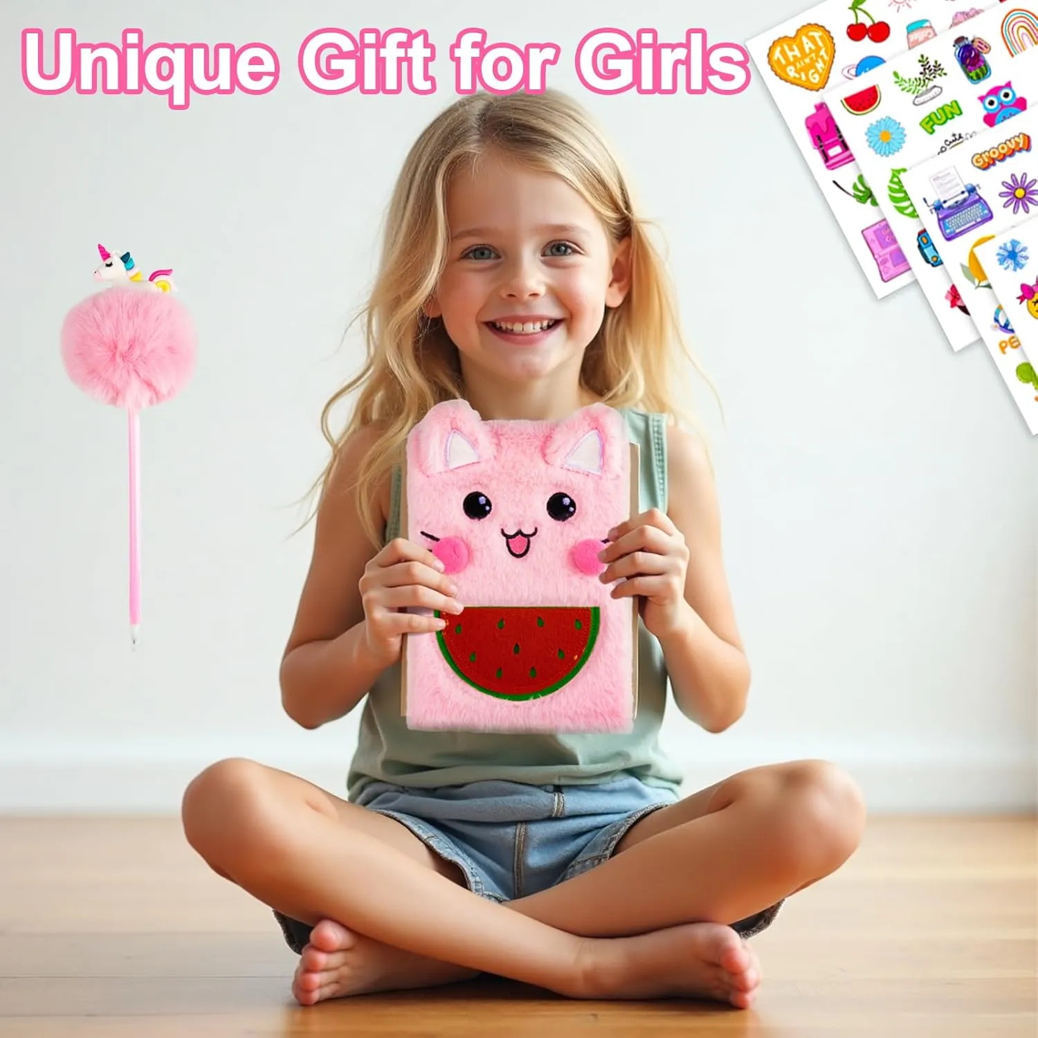 Diary for Girls with Lock and Keys, Kids Journal School Travel Notebook Gift Set for Writing and Drawing,Multicolored Pen, Stickers, Birthday Gift for Girls Ages 6-8 (Pink-cat)