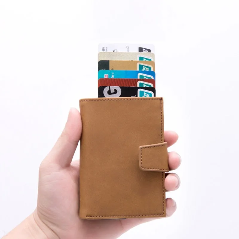 DIENQI Credit Card Holder Men Women Metal RFID Anti-magnetic Vintage Aluminium Crazy Horse PU Leather Card Wallet Coin Purses