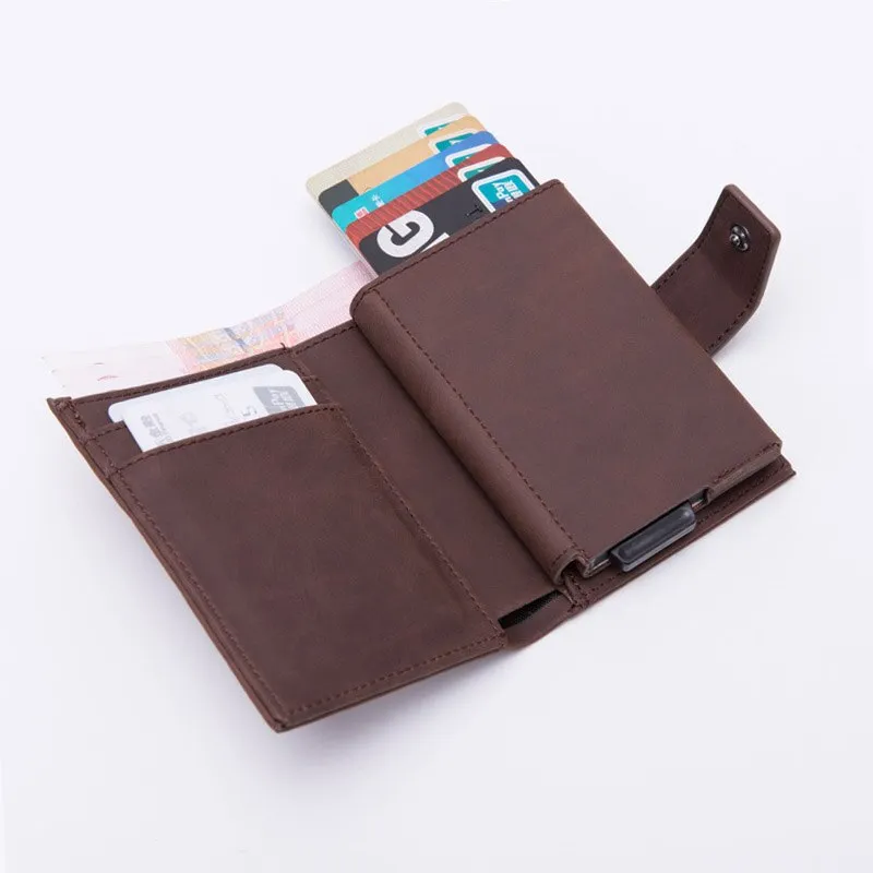 DIENQI Credit Card Holder Men Women Metal RFID Anti-magnetic Vintage Aluminium Crazy Horse PU Leather Card Wallet Coin Purses