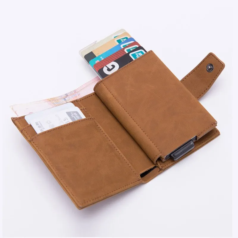 DIENQI Credit Card Holder Men Women Metal RFID Anti-magnetic Vintage Aluminium Crazy Horse PU Leather Card Wallet Coin Purses