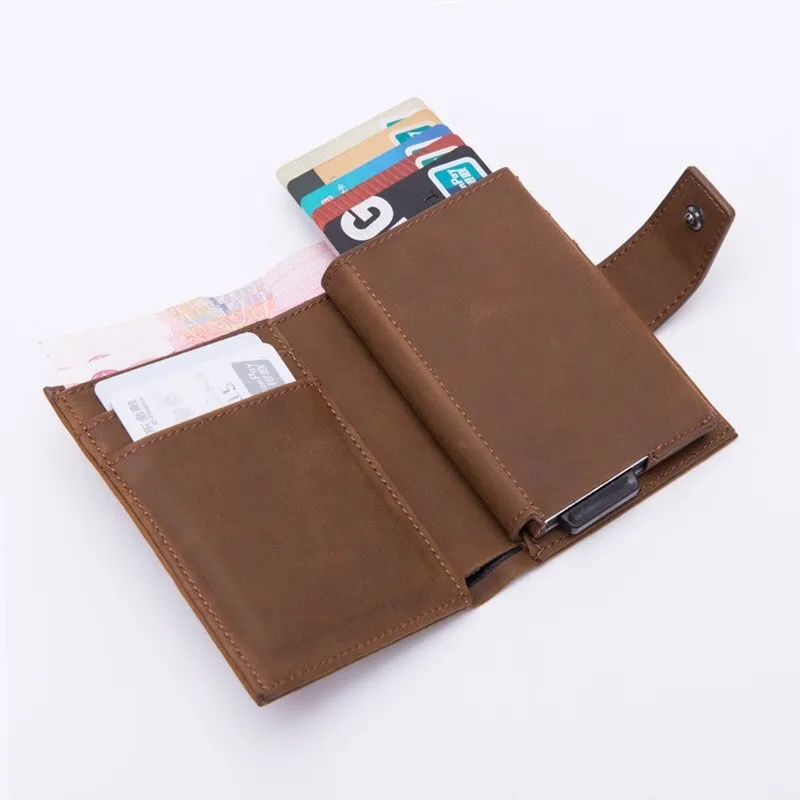 DIENQI Credit Card Holder Men Women Metal RFID Anti-magnetic Vintage Aluminium Crazy Horse PU Leather Card Wallet Coin Purses