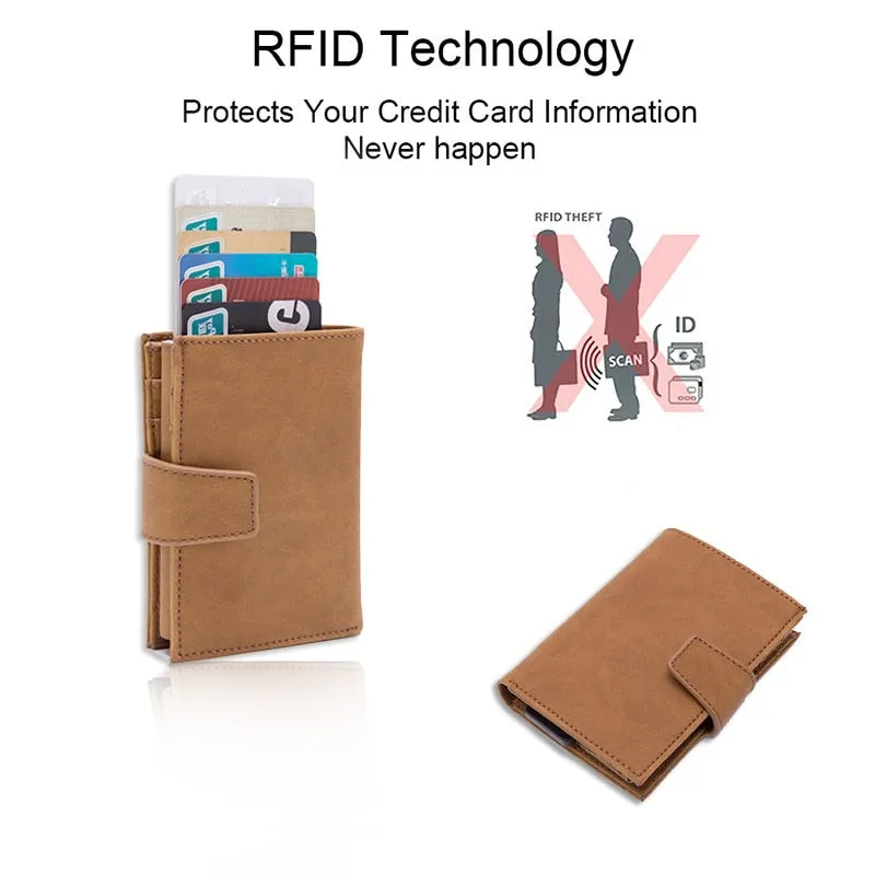 DIENQI Credit Card Holder Men Women Metal RFID Anti-magnetic Vintage Aluminium Crazy Horse PU Leather Card Wallet Coin Purses