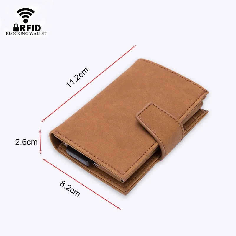 DIENQI Credit Card Holder Men Women Metal RFID Anti-magnetic Vintage Aluminium Crazy Horse PU Leather Card Wallet Coin Purses