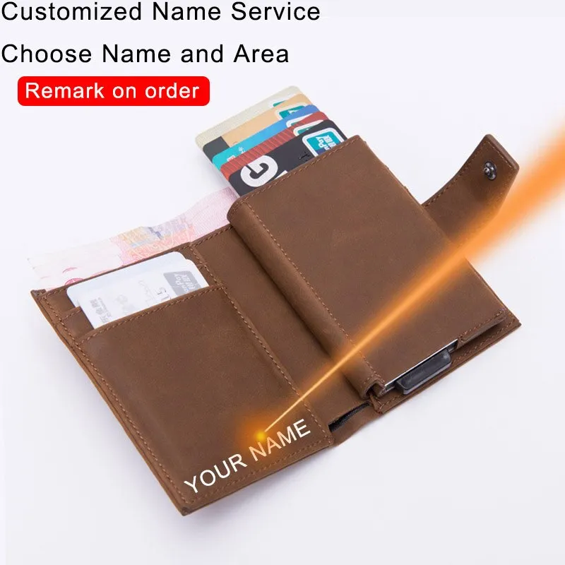 DIENQI Credit Card Holder Men Women Metal RFID Anti-magnetic Vintage Aluminium Crazy Horse PU Leather Card Wallet Coin Purses