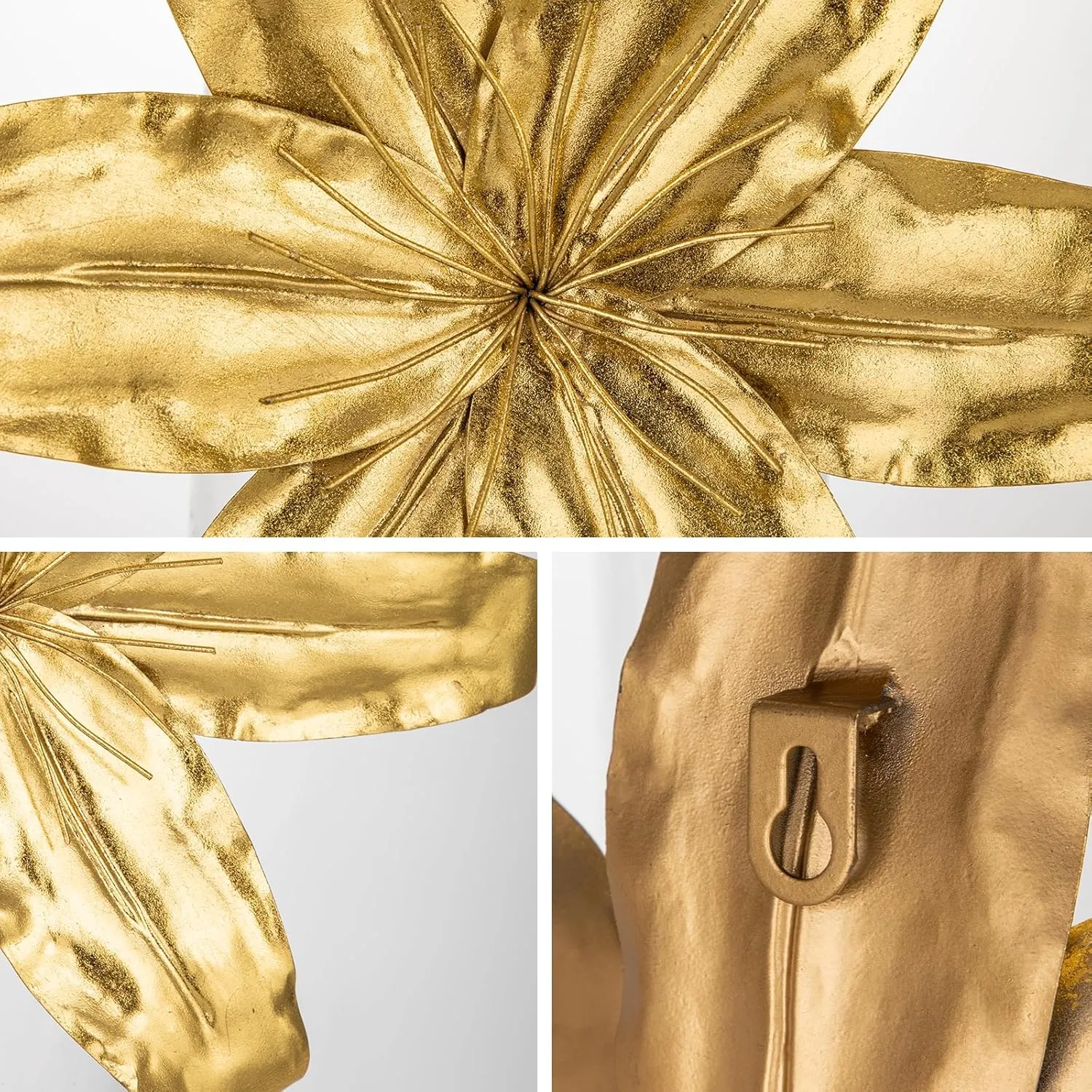 DILATATA Metal Floral Home Wall Decor, 13" Metal Tiger Lily Flowers Rustic Wall Sculpture Floral Wall Art Farmhouse Wall Hanging Decor for Home Kitchen Bedroom Living Office, Gold 3 Pack