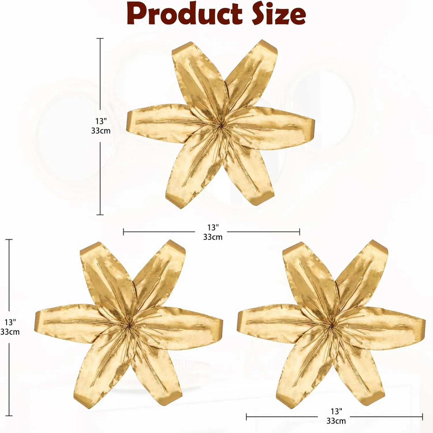DILATATA Metal Floral Home Wall Decor, 13" Metal Tiger Lily Flowers Rustic Wall Sculpture Floral Wall Art Farmhouse Wall Hanging Decor for Home Kitchen Bedroom Living Office, Gold 3 Pack