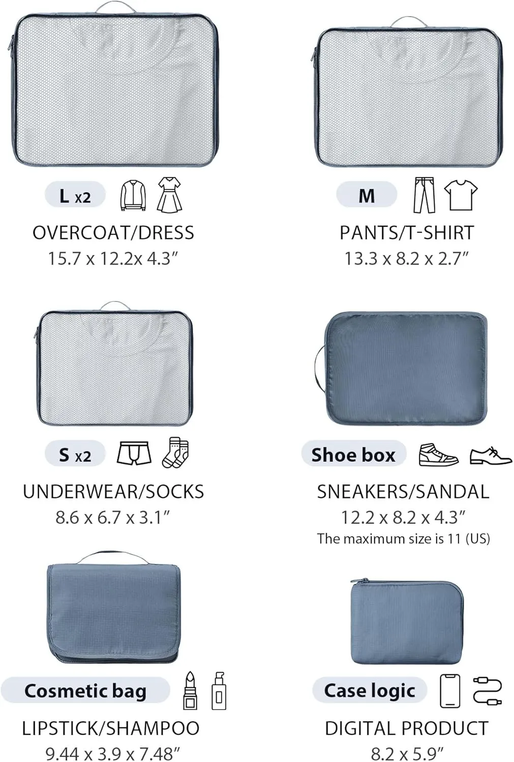 DIMJ Packing Cubes 8 Pcs for Suitcase Lightweight Travel Essential Bag with Large Toiletries Bag for Clothes Shoes Cosmetics Toiletries (Grey)