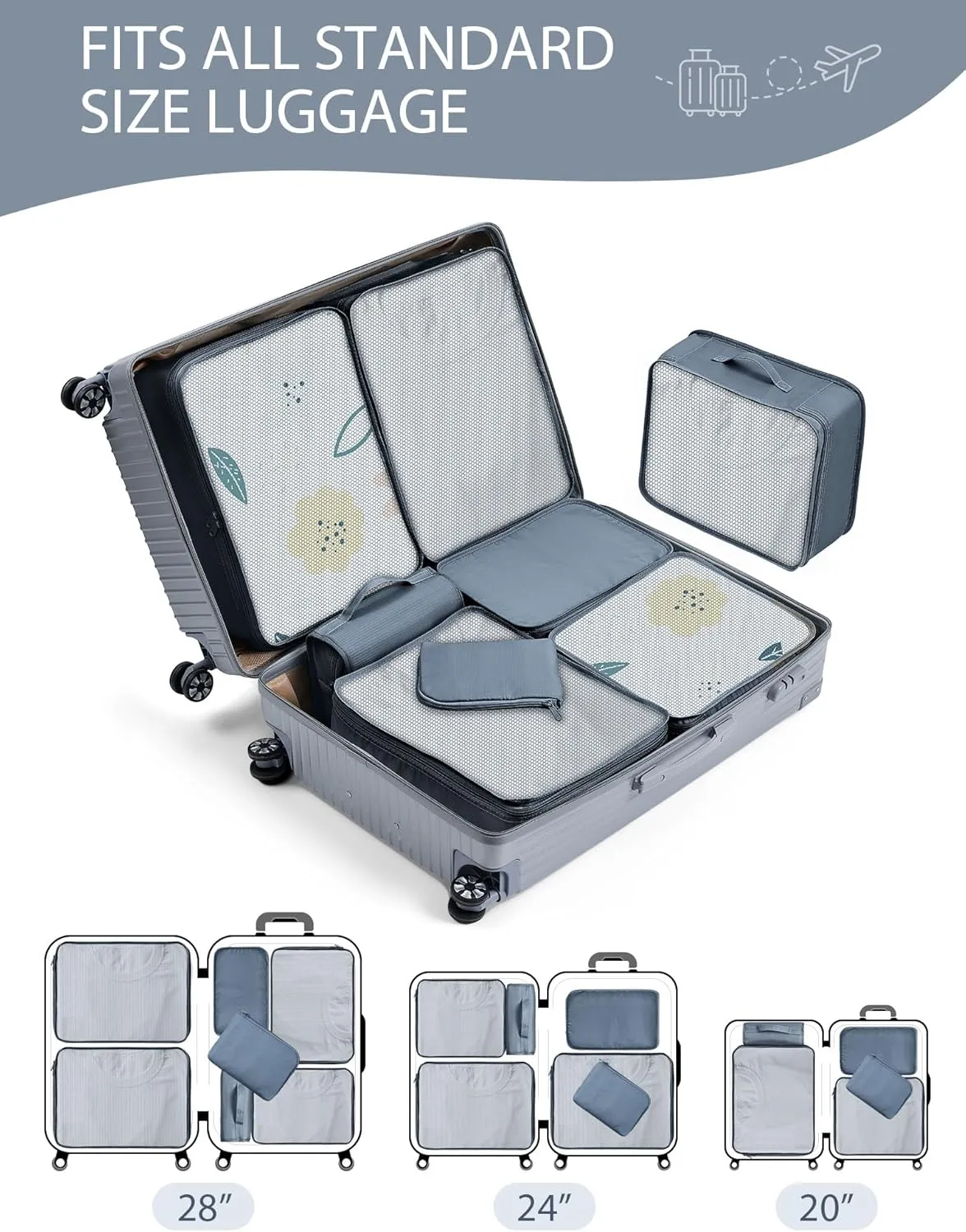 DIMJ Packing Cubes 8 Pcs for Suitcase Lightweight Travel Essential Bag with Large Toiletries Bag for Clothes Shoes Cosmetics Toiletries (Grey)