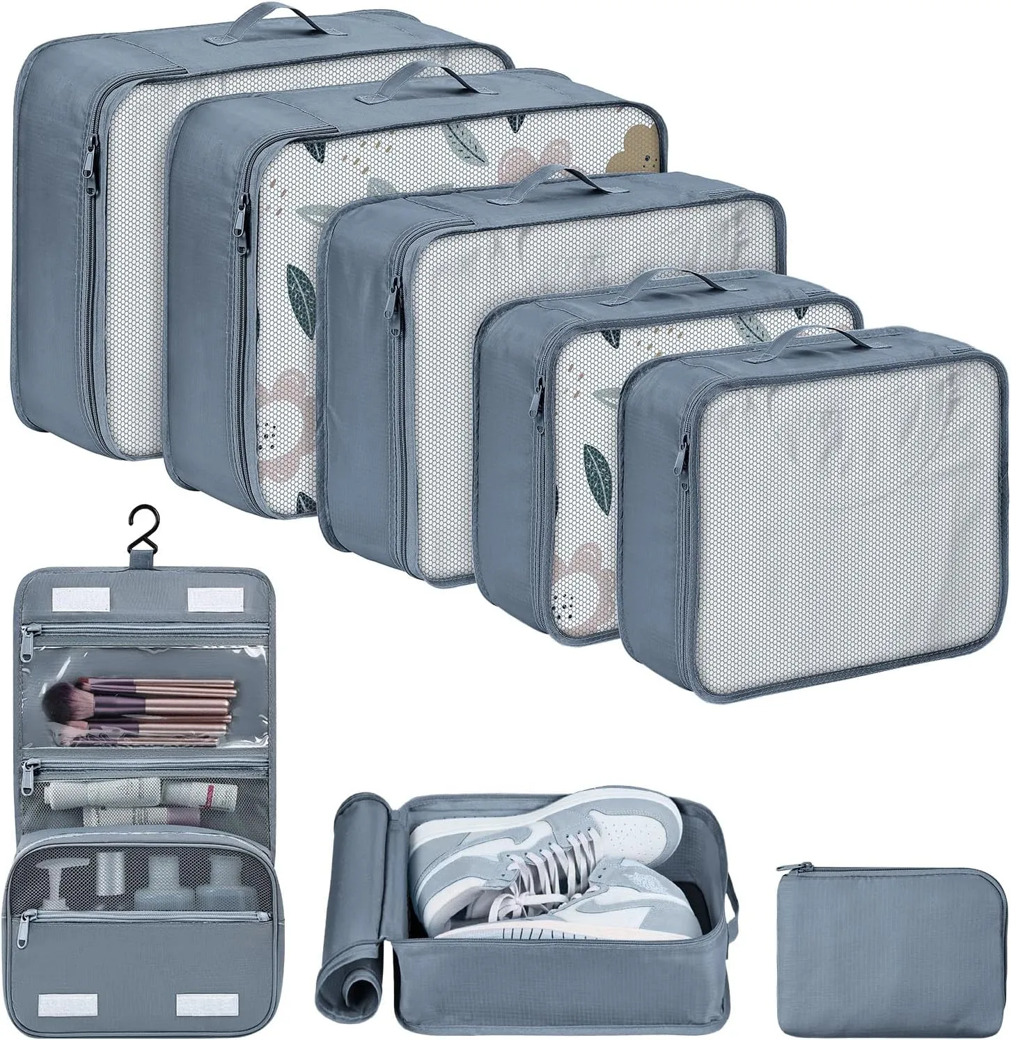DIMJ Packing Cubes 8 Pcs for Suitcase Lightweight Travel Essential Bag with Large Toiletries Bag for Clothes Shoes Cosmetics Toiletries (Grey)