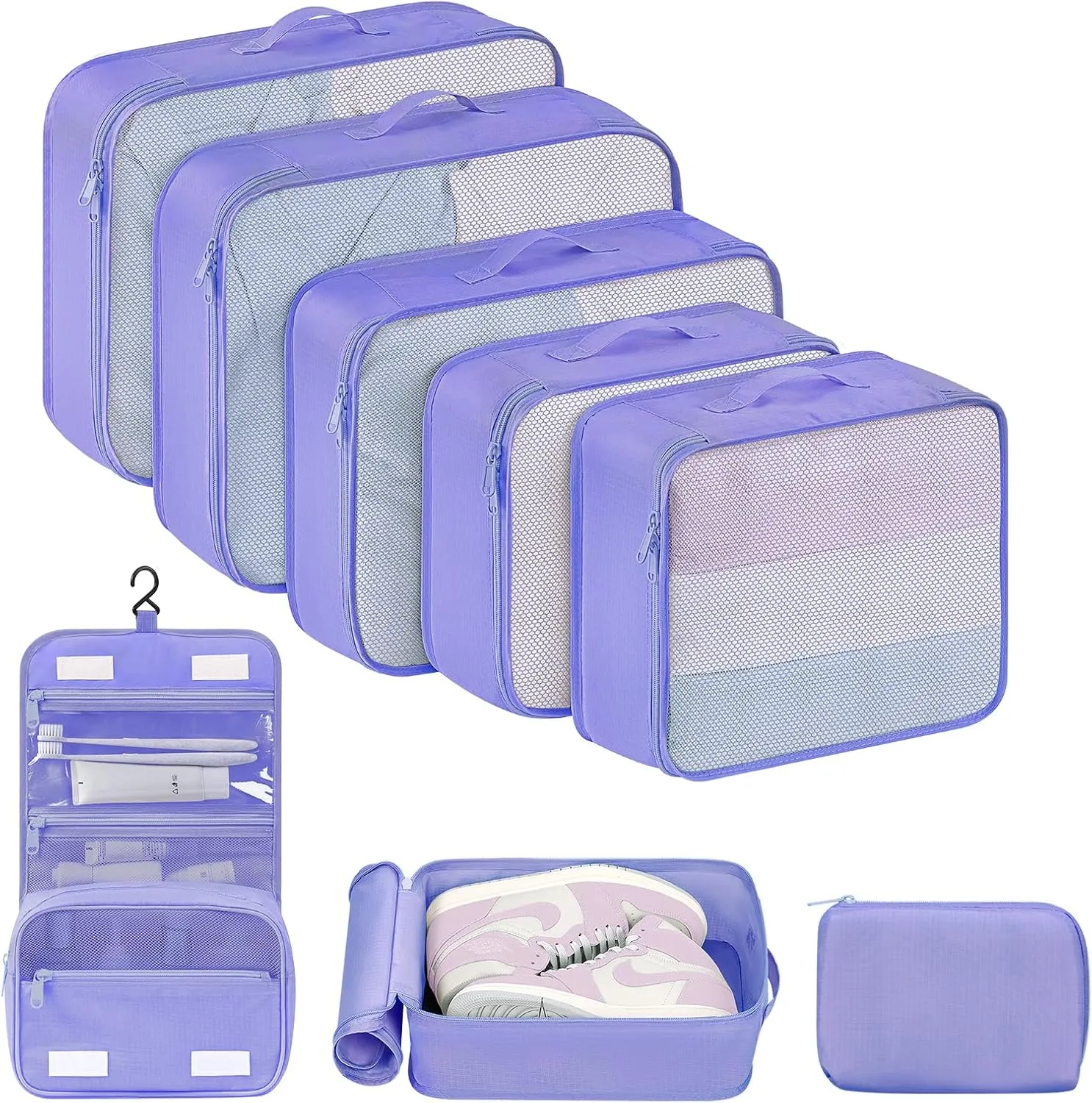 DIMJ Packing Cubes for Travel - 8 Set Travel Cubes for Suitcase Lightweight Travel Packing Organizers with Large Toiletries Bag for Clothes Shoes Cosmetics Toiletries Travel Essential (Purple)