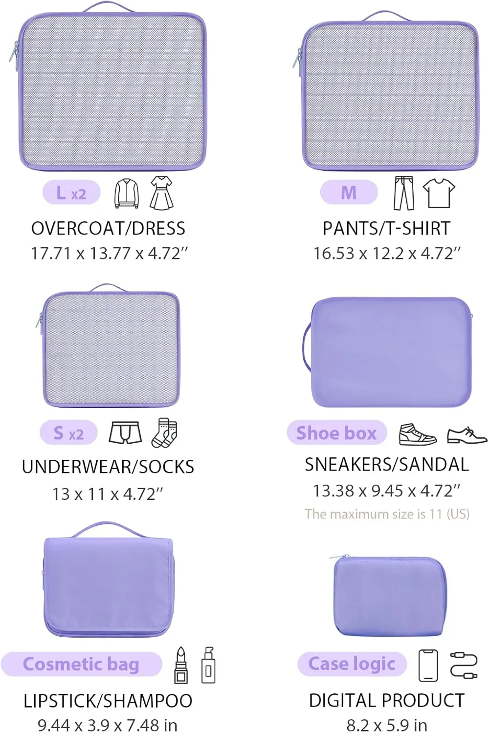 DIMJ Packing Cubes for Travel - 8 Set Travel Cubes for Suitcase Lightweight Travel Packing Organizers with Large Toiletries Bag for Clothes Shoes Cosmetics Toiletries Travel Essential (Purple)