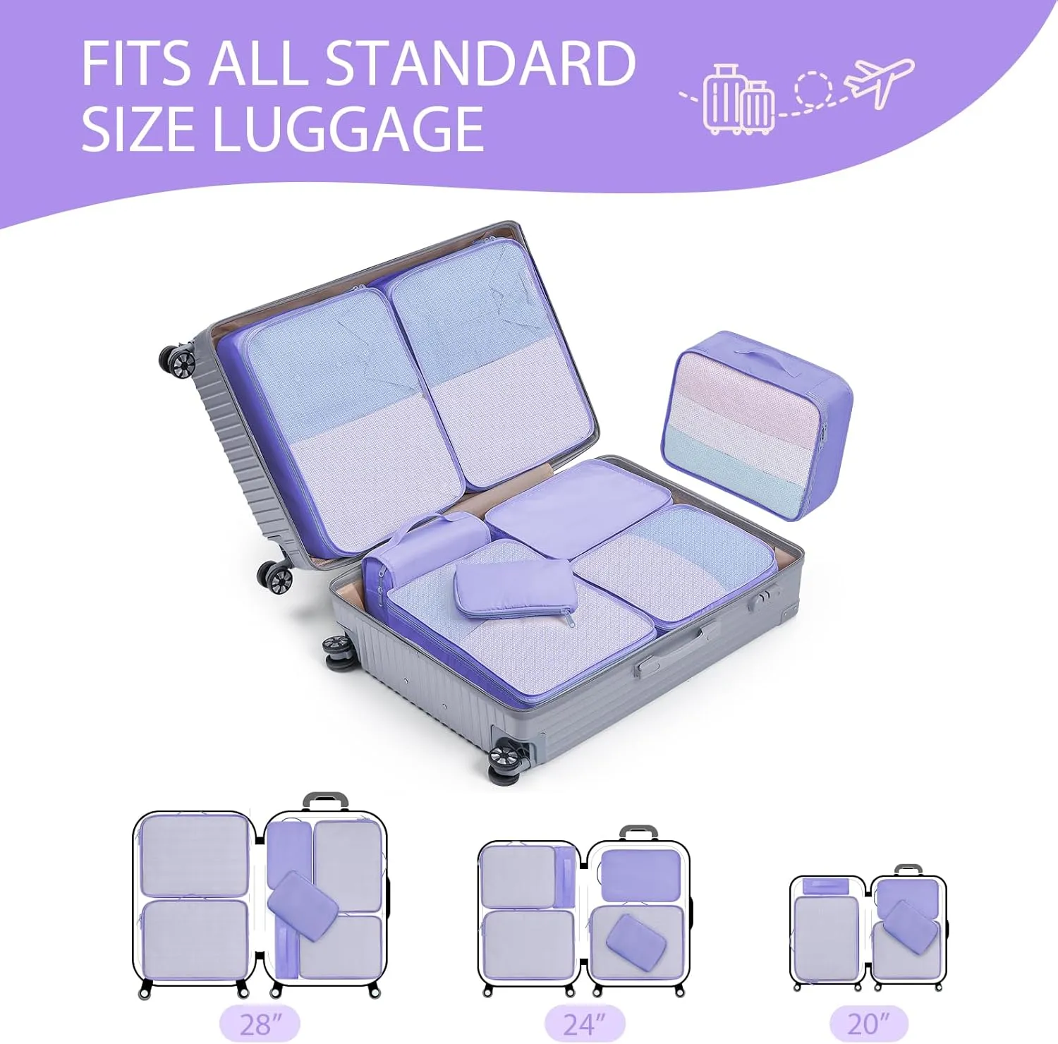 DIMJ Packing Cubes for Travel - 8 Set Travel Cubes for Suitcase Lightweight Travel Packing Organizers with Large Toiletries Bag for Clothes Shoes Cosmetics Toiletries Travel Essential (Purple)