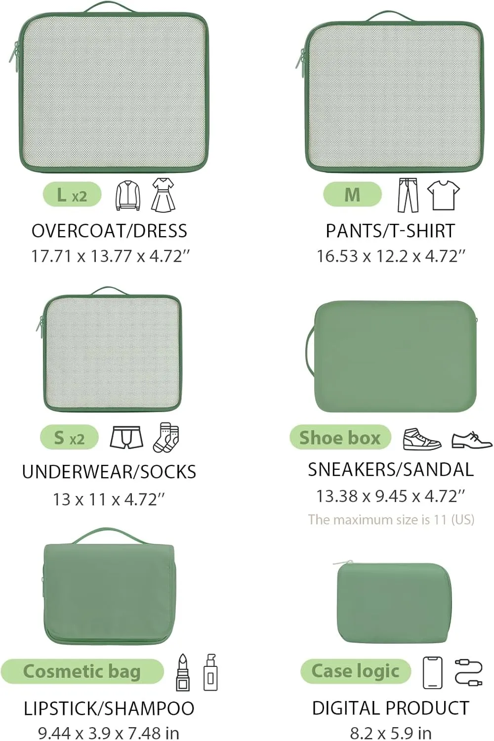 DIMJ Packing Cubes for Travel - 8 Set Travel Packing Cubes Lightweight Luggage Organizer Bags, Travel Cubes for Packing with Large Toiletries Bag for Clothes Shoes Cosmetics Toiletries (Matcha Green)