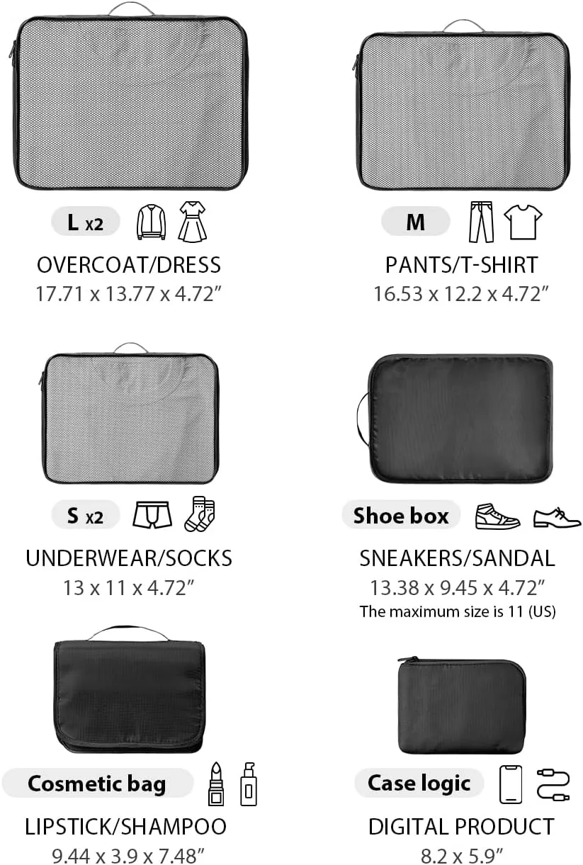 DIMJ Packing Cubes for Travel With Toiletry Bag - Packing Cubes Carry on Luggage Cubes Packing for Clothes/Shoes/Underwear/Cosmetics/Travel Accessories (Black)