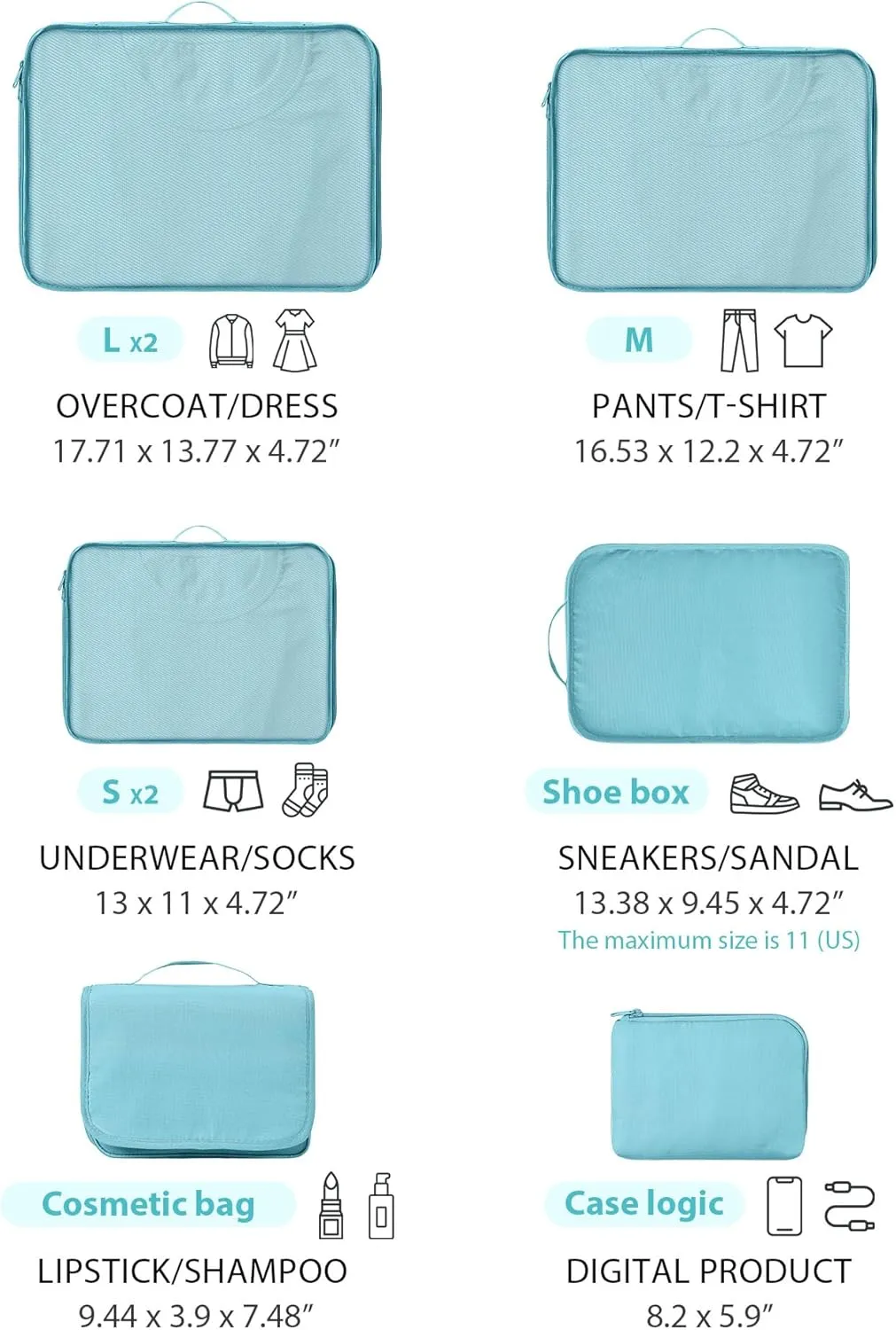 DIMJ Packing Cubes Suitcase, 8 Pieces Packing Cubes for Travel, With Toiletry Bag Hanging, Packing Cubes Carry on Luggage Cubes Packing for Clothes, Shoes, Underwear, Cosmetics, Travel Essential(Blue）