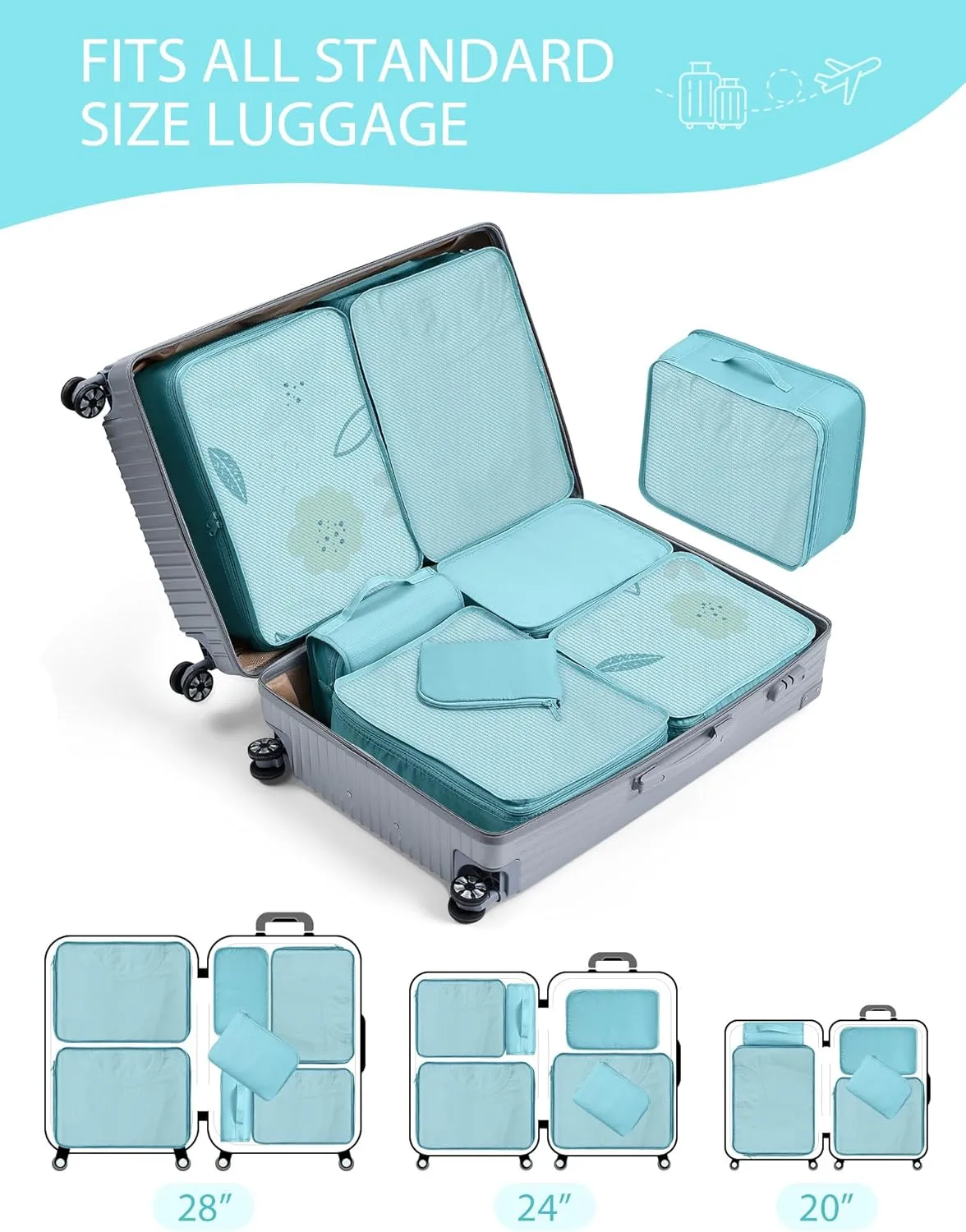 DIMJ Packing Cubes Suitcase, 8 Pieces Packing Cubes for Travel, With Toiletry Bag Hanging, Packing Cubes Carry on Luggage Cubes Packing for Clothes, Shoes, Underwear, Cosmetics, Travel Essential(Blue）