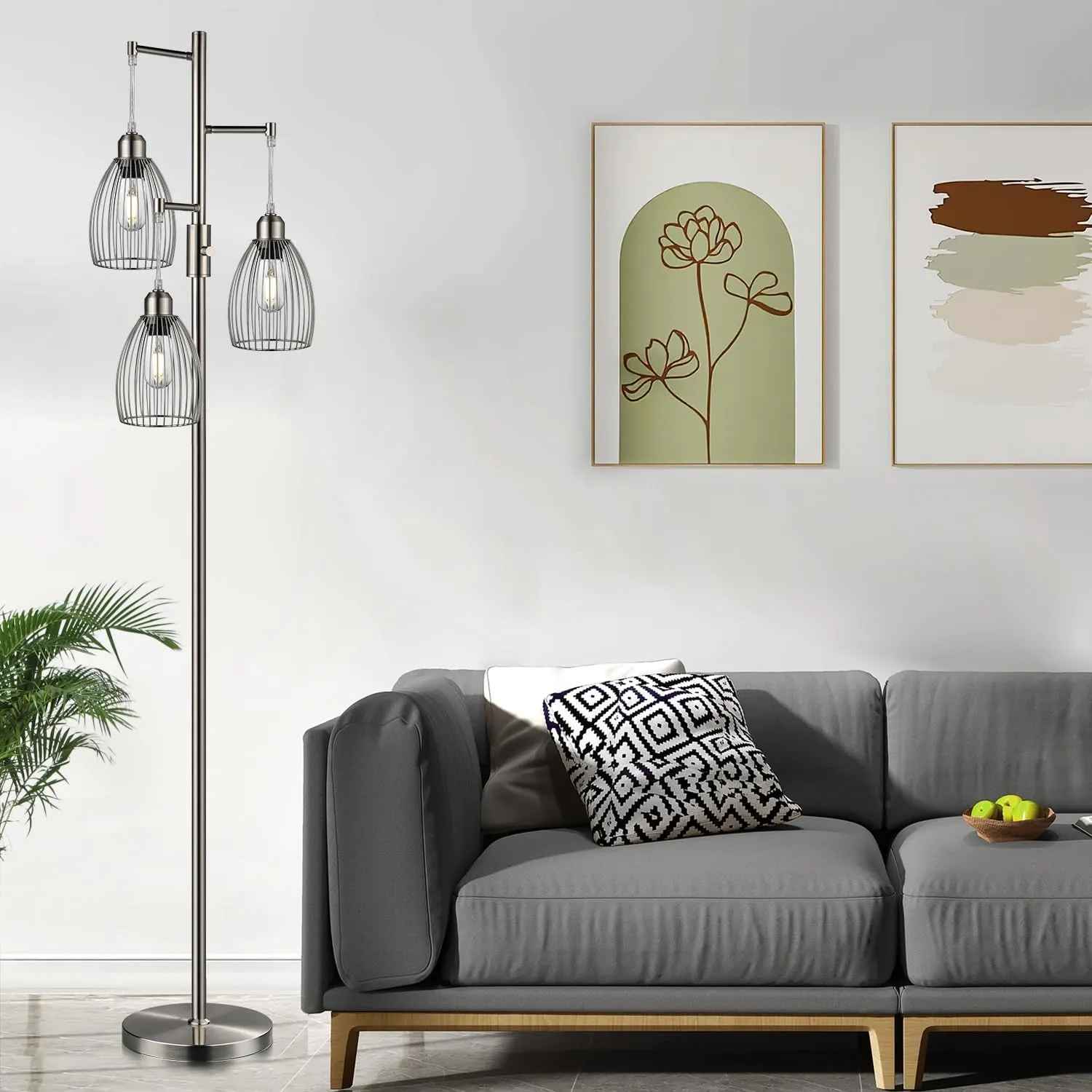 Dimmable Floor Lamp, Metal, 3 x 800LM LED Edison Bulbs Included, Industrial Floor Lamp Standing Tree Lamp with Elegant Teardrop Cage Heads Tall Lamps for Living Room Bedroom-Brushed Nickel