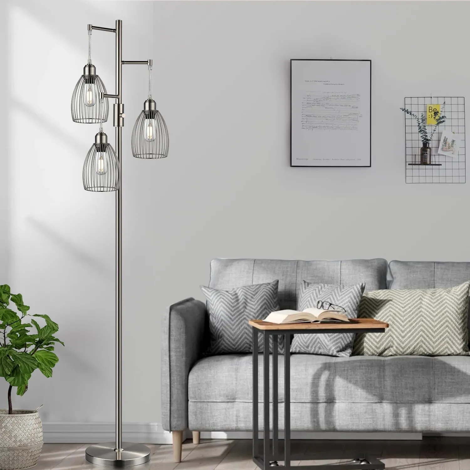 Dimmable Floor Lamp, Metal, 3 x 800LM LED Edison Bulbs Included, Industrial Floor Lamp Standing Tree Lamp with Elegant Teardrop Cage Heads Tall Lamps for Living Room Bedroom-Brushed Nickel