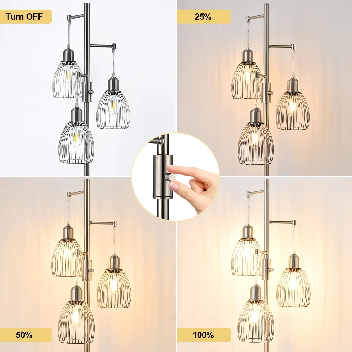 Dimmable Floor Lamp, Metal, 3 x 800LM LED Edison Bulbs Included, Industrial Floor Lamp Standing Tree Lamp with Elegant Teardrop Cage Heads Tall Lamps for Living Room Bedroom-Brushed Nickel