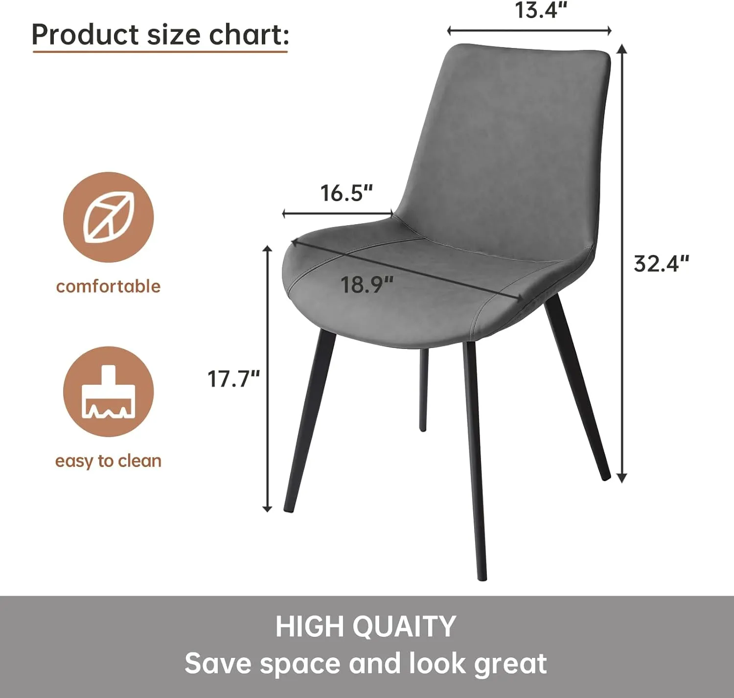 Dining Chairs Set of 4, Modern Dining & Kitchen Room Chairs, Upholstered Faux Leather Cushion Seat and Sturdy Metal Legs (4 Grey Chairs)