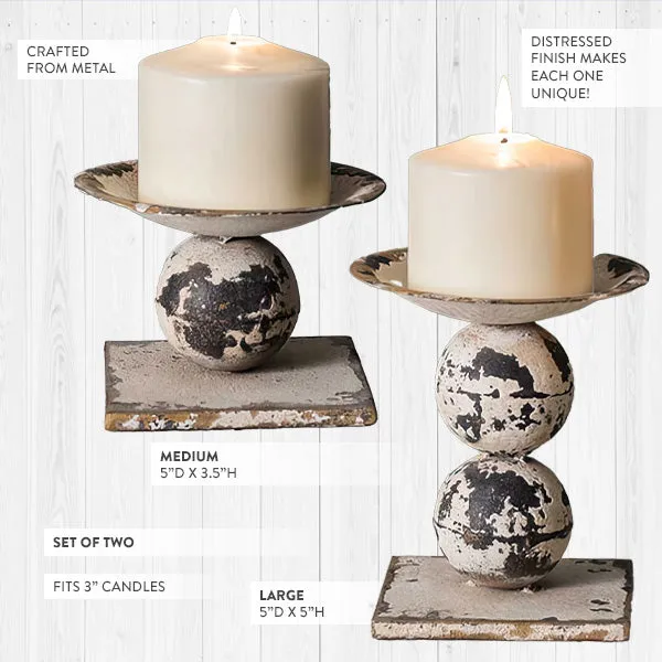 Distressed Sphere Pillar Candle Holders, Set of Two