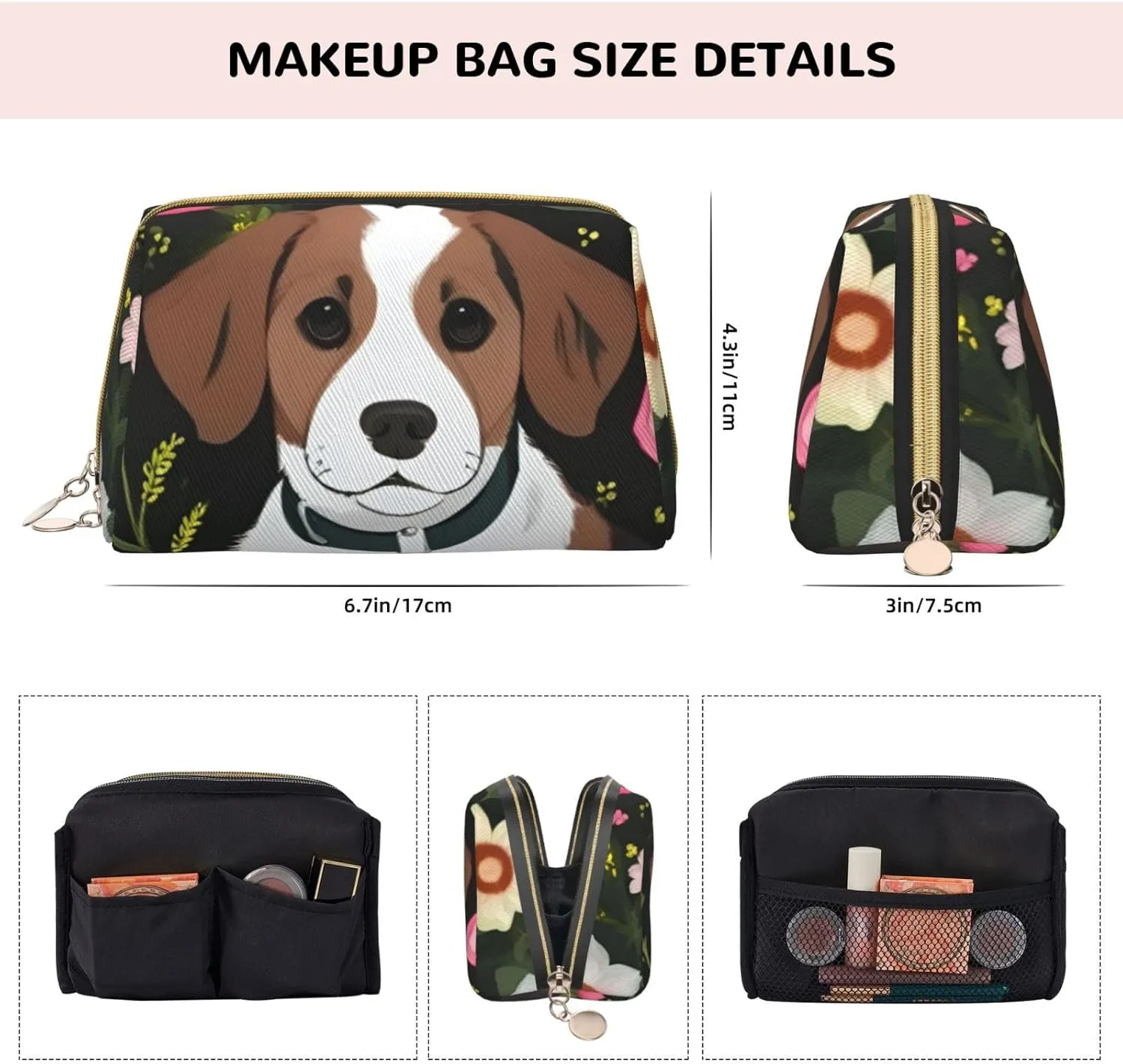 Dog And Flower Toiletry Pouch, Travel-Friendly Makeup Organizer For Makeup Brushes, Lipsticks