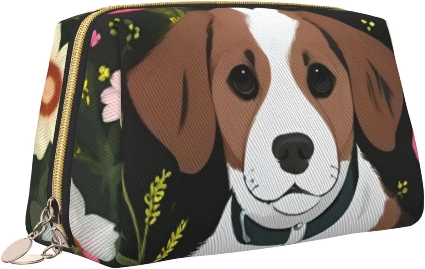 Dog And Flower Toiletry Pouch, Travel-Friendly Makeup Organizer For Makeup Brushes, Lipsticks