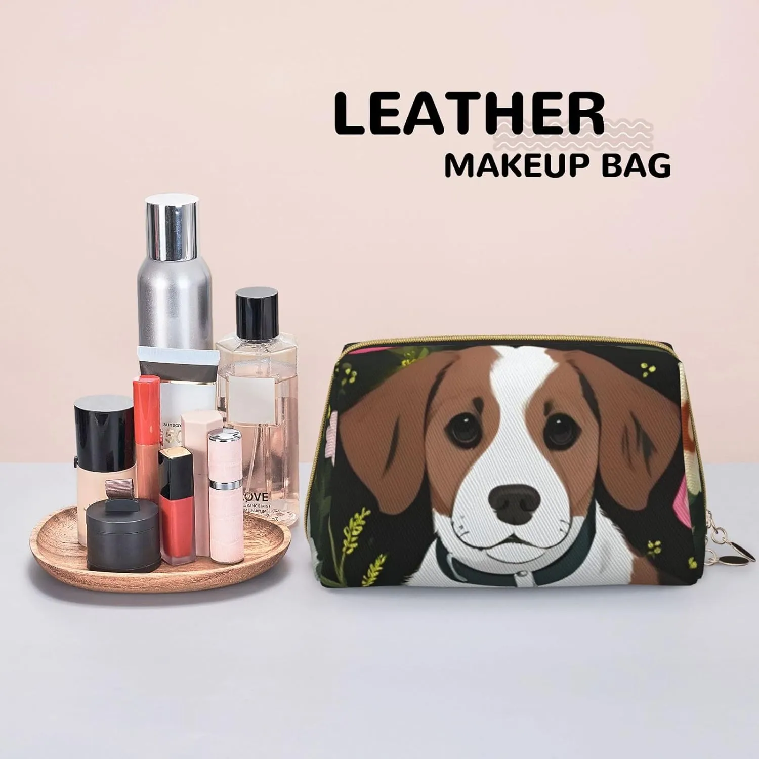 Dog And Flower Toiletry Pouch, Travel-Friendly Makeup Organizer For Makeup Brushes, Lipsticks