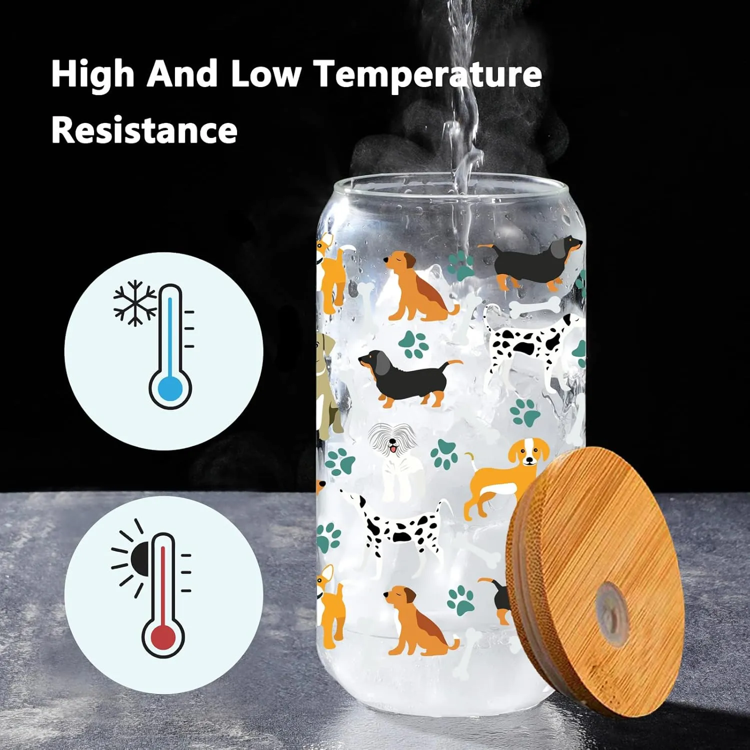 Dog Puppy Paws Drinking Glass Cup 16 Oz with Bamboo Lid and Straws, Iced Coffee Beer Cocktail Glass Tumbler, Holiday Christmas Birthday Gift for Dad Mom Sister Friends Bestie