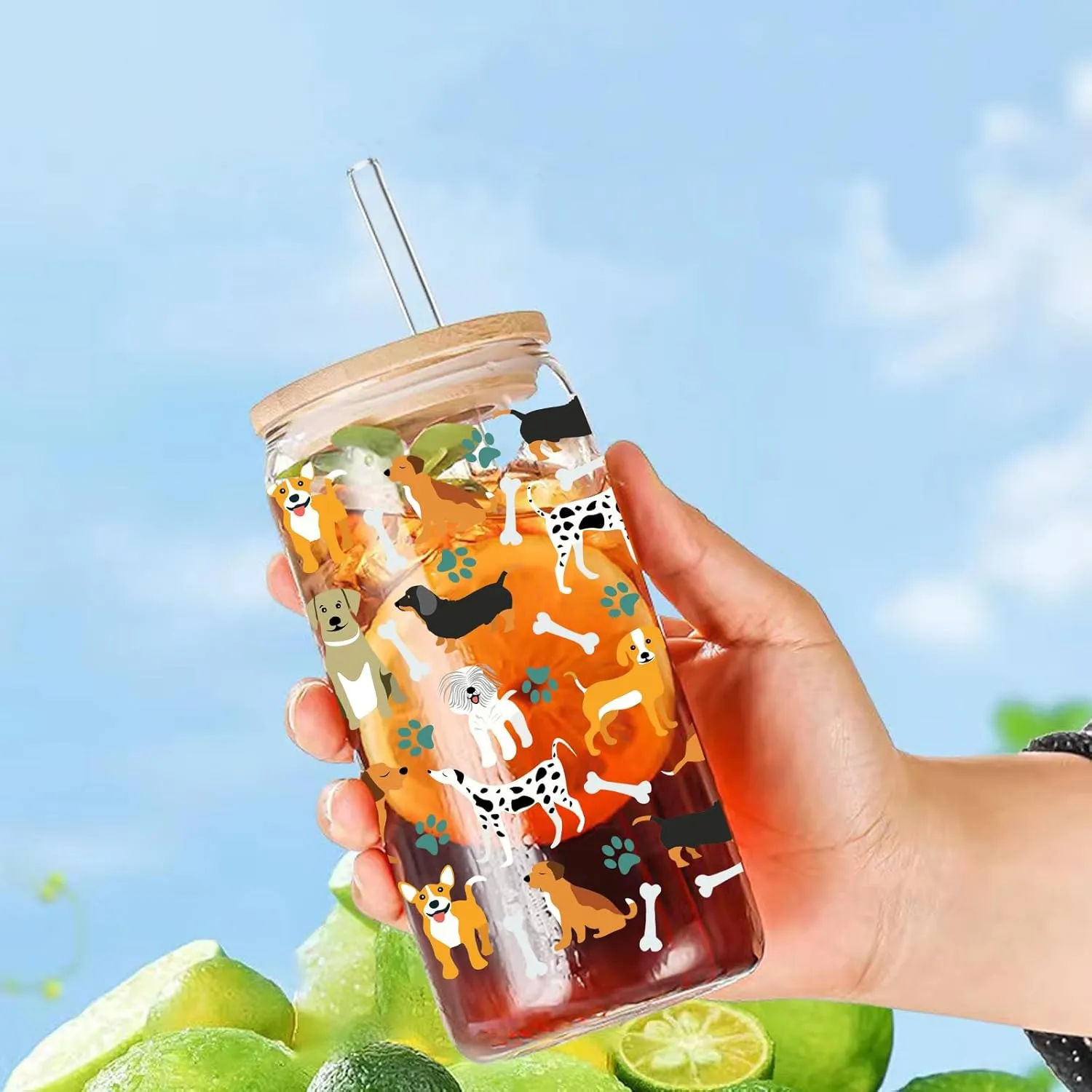 Dog Puppy Paws Drinking Glass Cup 16 Oz with Bamboo Lid and Straws, Iced Coffee Beer Cocktail Glass Tumbler, Holiday Christmas Birthday Gift for Dad Mom Sister Friends Bestie