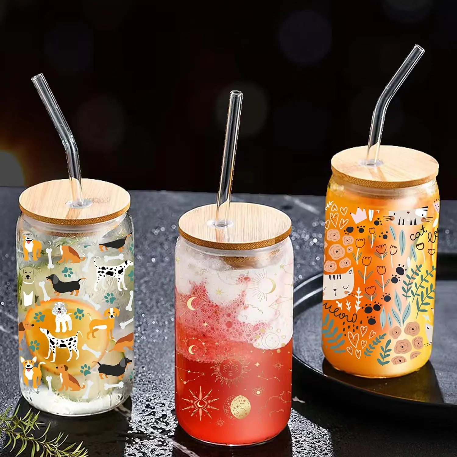 Dog Puppy Paws Drinking Glass Cup 16 Oz with Bamboo Lid and Straws, Iced Coffee Beer Cocktail Glass Tumbler, Holiday Christmas Birthday Gift for Dad Mom Sister Friends Bestie