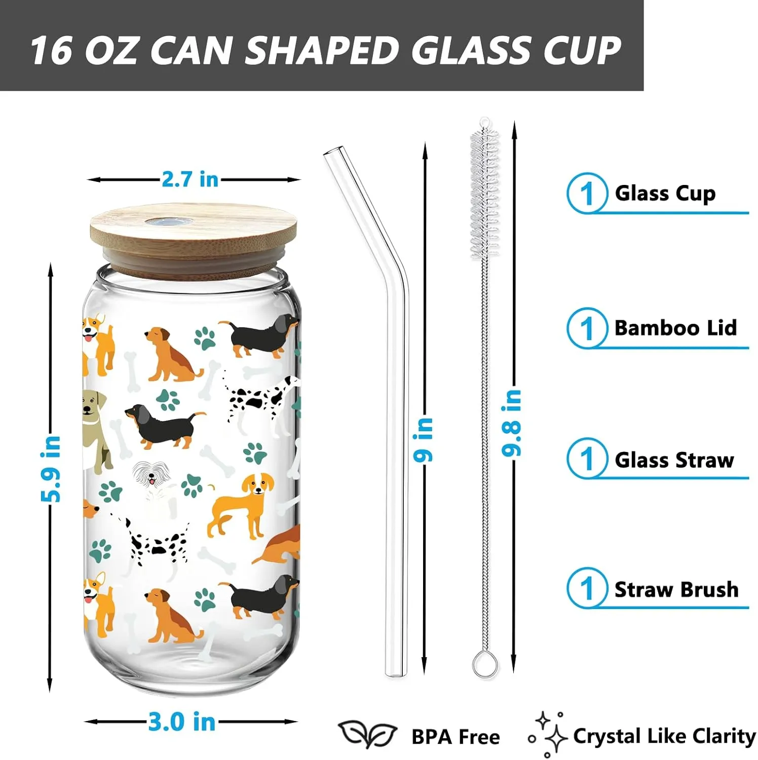Dog Puppy Paws Drinking Glass Cup 16 Oz with Bamboo Lid and Straws, Iced Coffee Beer Cocktail Glass Tumbler, Holiday Christmas Birthday Gift for Dad Mom Sister Friends Bestie