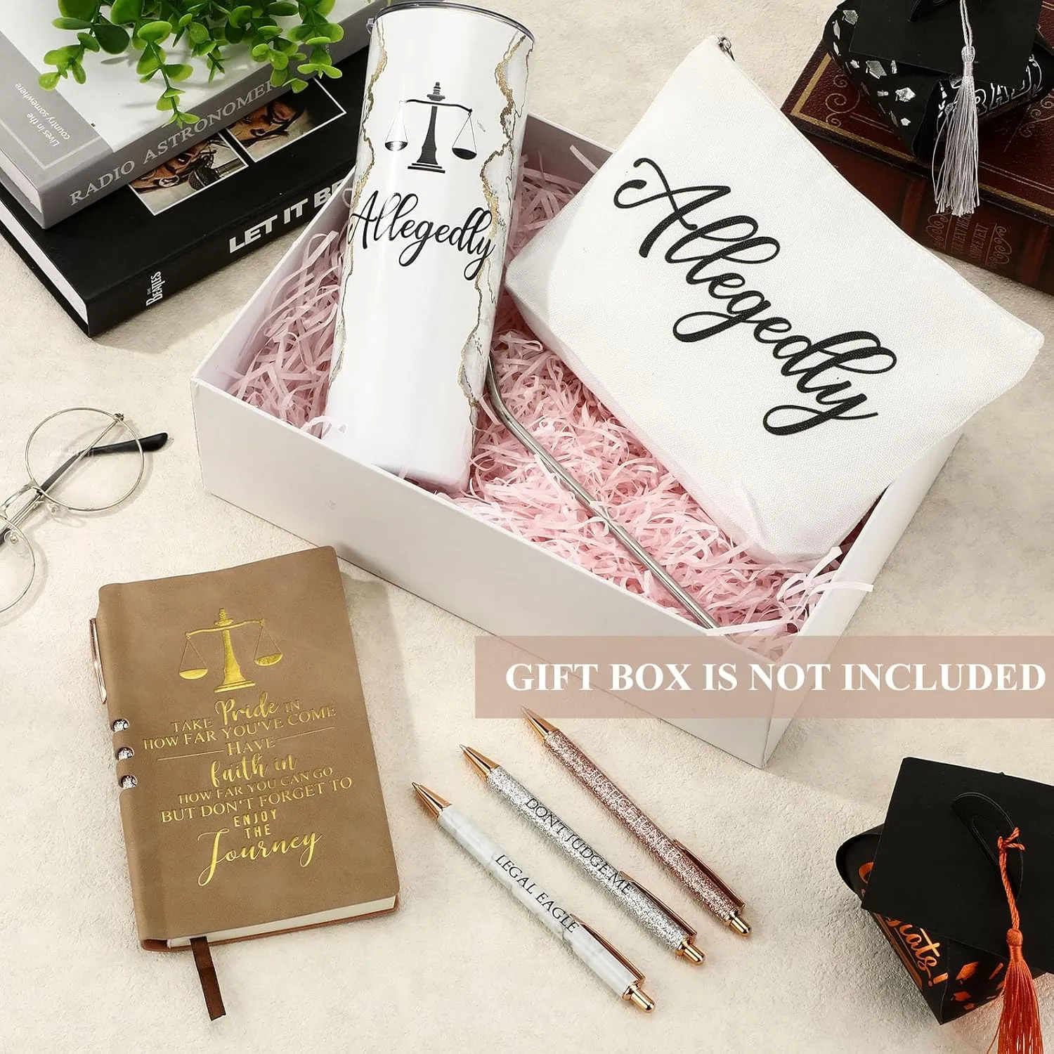 Domensi 6 Pcs Funny Allegedly Lawyer Gifts Judge Gift Lawyer Appreciation Day Gift 20 oz Marble Sign Tumbler Makeup Bag Notepad Ballpoints for Law Paralegal School College Teacher(White)