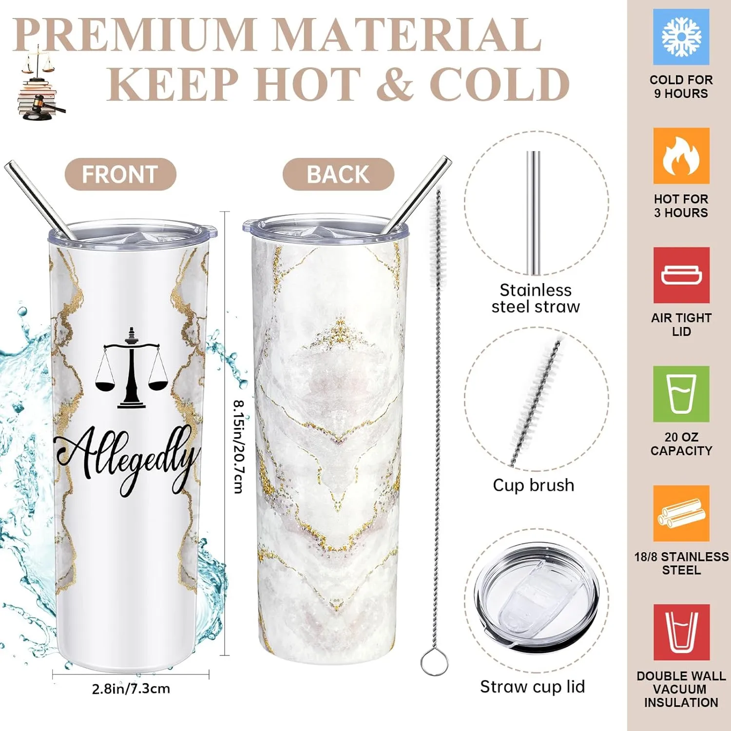 Domensi 6 Pcs Funny Allegedly Lawyer Gifts Judge Gift Lawyer Appreciation Day Gift 20 oz Marble Sign Tumbler Makeup Bag Notepad Ballpoints for Law Paralegal School College Teacher(White)