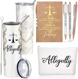 Domensi 6 Pcs Funny Allegedly Lawyer Gifts Judge Gift Lawyer Appreciation Day Gift 20 oz Marble Sign Tumbler Makeup Bag Notepad Ballpoints for Law Paralegal School College Teacher(White)