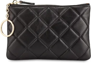 DORIS&JACKY Soft Lambskin Leather Coin Purse Small Quilted RFID Blocking Top Zipper Wallet With Key Chain