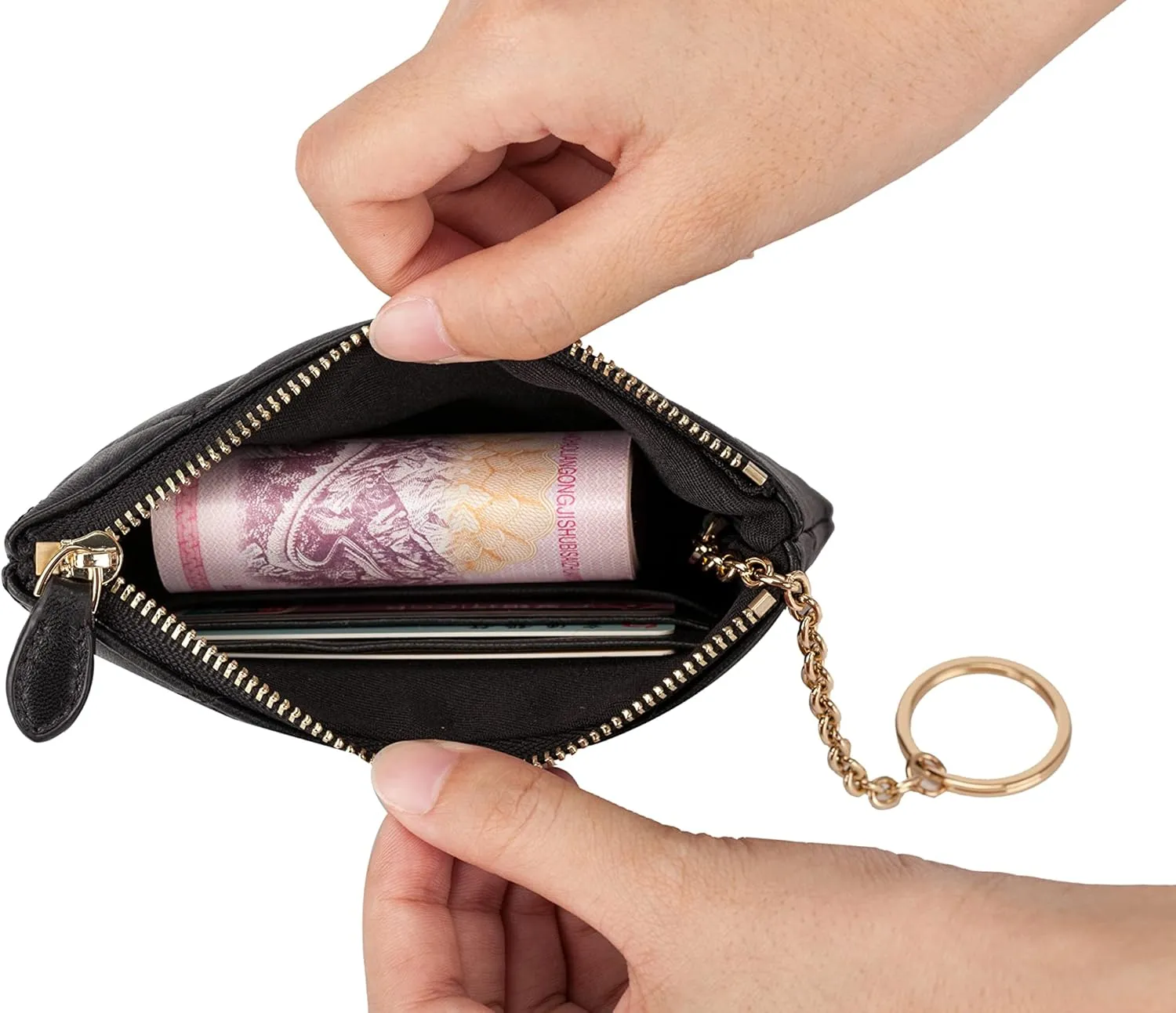 DORIS&JACKY Soft Lambskin Leather Coin Purse Small Quilted RFID Blocking Top Zipper Wallet With Key Chain